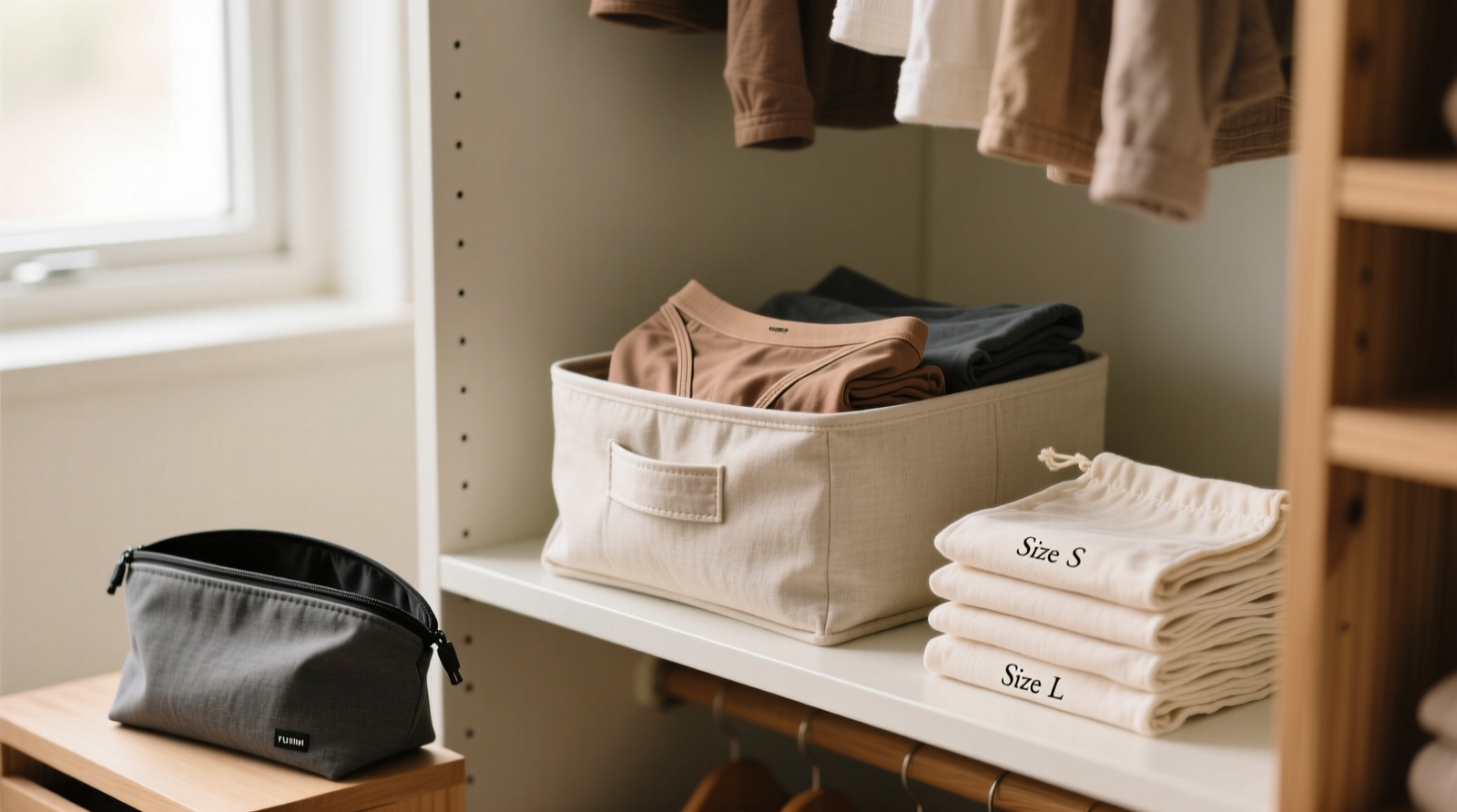 A well-organized closet shelf showing a neutral-toned fabric bin containing upright-folded period underwear, flat-stacked cloth pads in labeled cotton pouches, and a small charcoal-lined wet bag nestled in the front corner—all under soft natural light