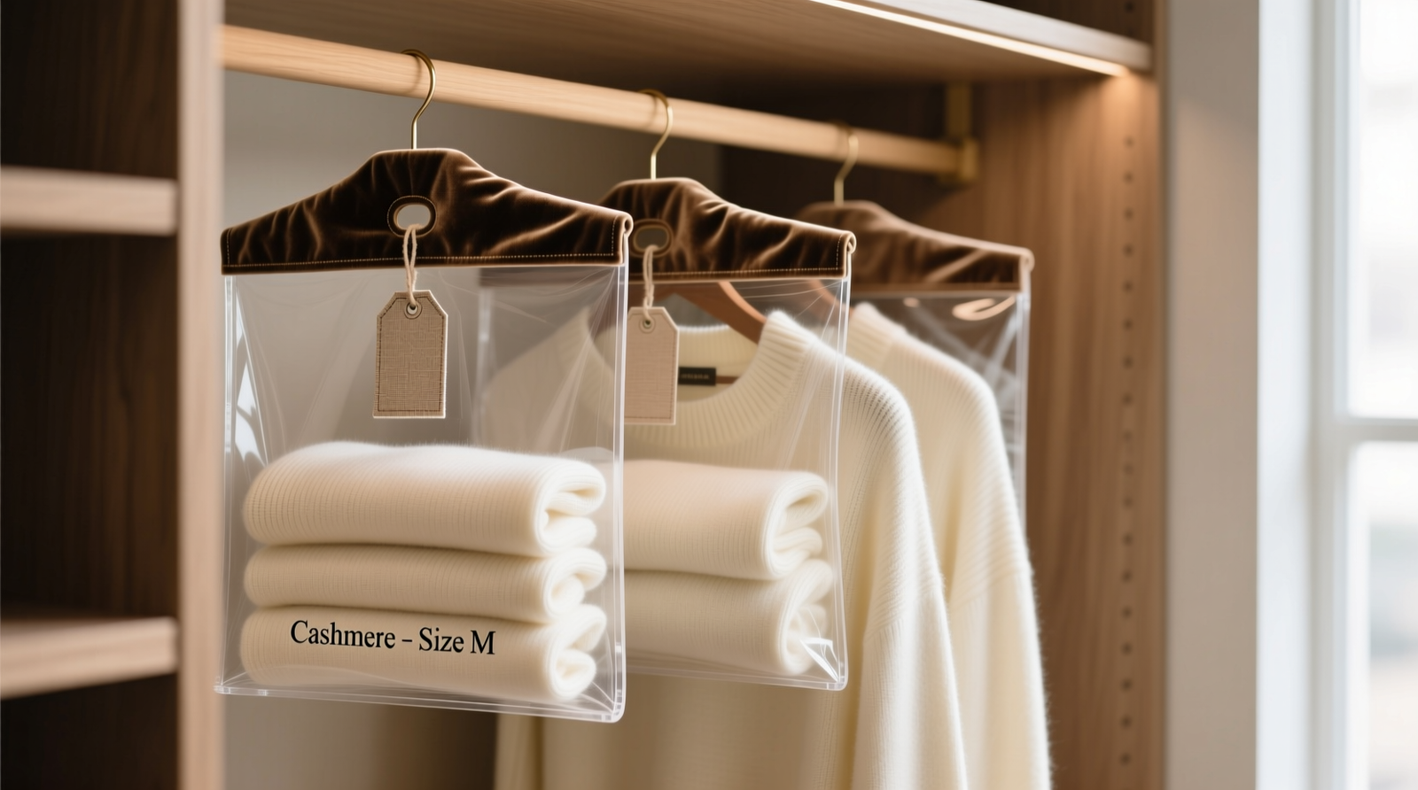 Three vertically hung acrylic garment bags on padded hangers, each containing a folded cashmere sweater and labeled with discreet linen tags; background shows a well-lit, shallow-depth closet with neutral-toned wood shelves and no visible clutter