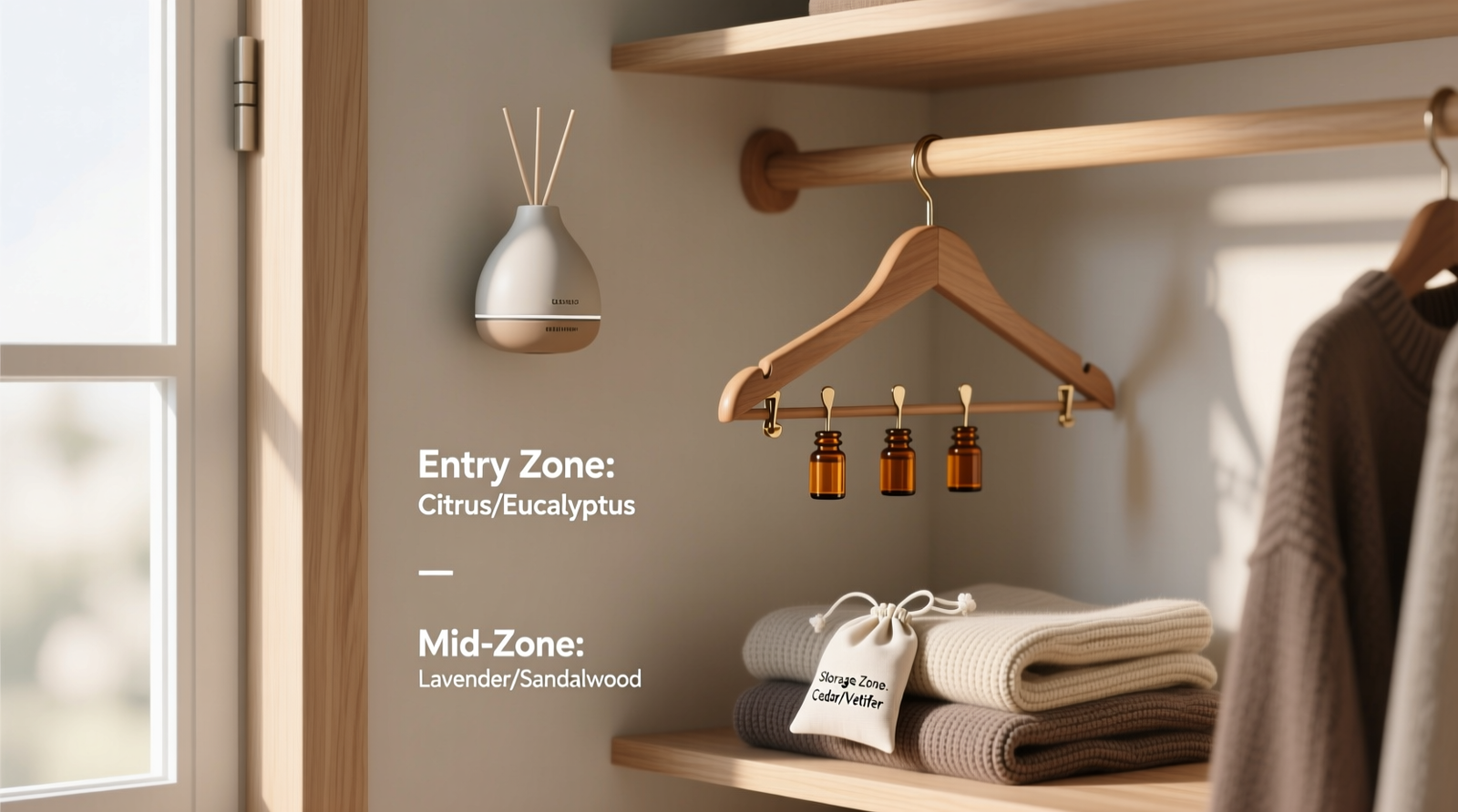 A minimalist closet showing three clearly labeled zones: a ceramic diffuser pod mounted beside the door frame (labeled 'Entry Zone: Citrus/Eucalyptus'), small amber glass rollers clipped to wooden hanger hooks mid-closet ('Mid-Zone: Lavender/Sandalwood'), and cotton sachets tucked inside folded knitwear shelves ('Storage Zone: Cedar/Vetiver')