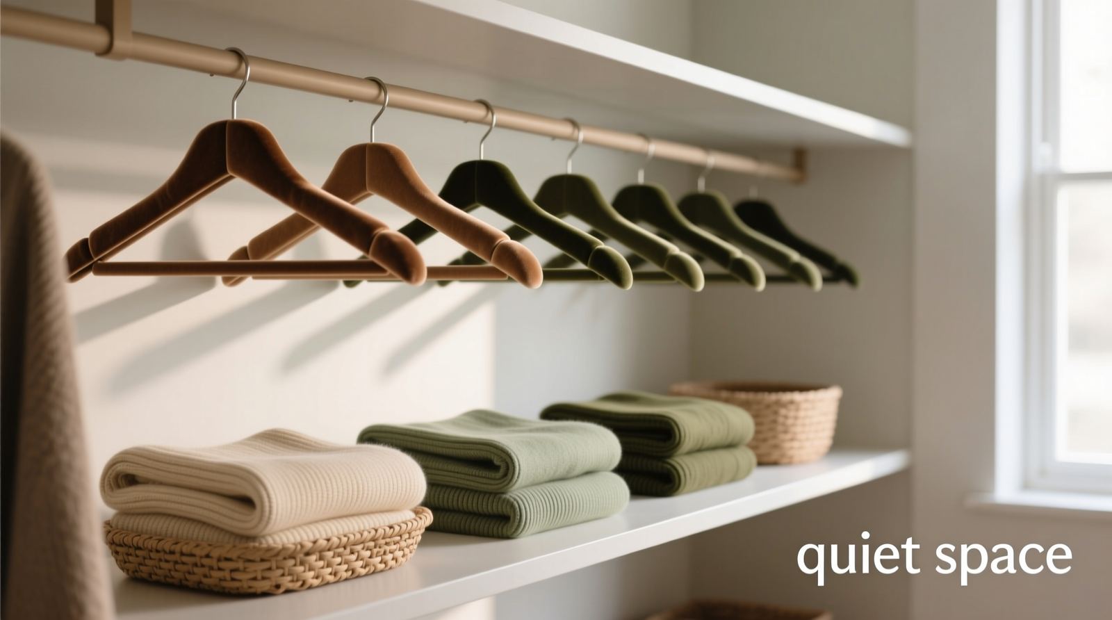 A minimalist closet showing slim velvet hangers in gradient order: warm taupes to deep olives, with folded knits in matching-toned woven baskets on open shelving below