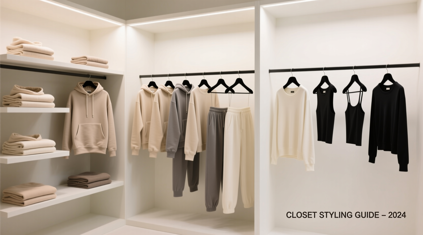 A minimalist closet with three clearly labeled vertical zones: left section shows folded soft hoodies and joggers on low shelves; center section displays seven complete outfits on uniform velvet hangers; right section features five crisp, camera-optimized tops hung on slim black hangers against a light neutral backdrop