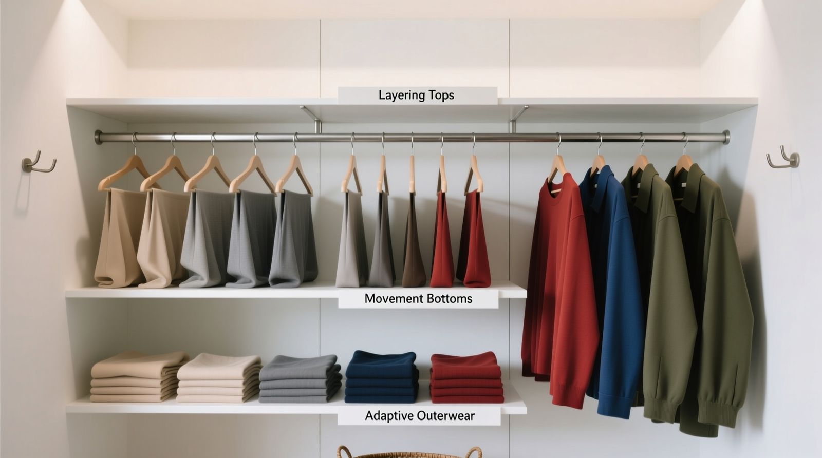 A minimalist closet with uniform slim hangers, garments arranged in neutral-to-saturated color gradients within clearly labeled functional categories (Layering Tops, Movement Bottoms, Adaptive Outerwear), and shallow vertical-fold drawers visible beneath the rod. No visible baskets, hooks, or decorative objects.