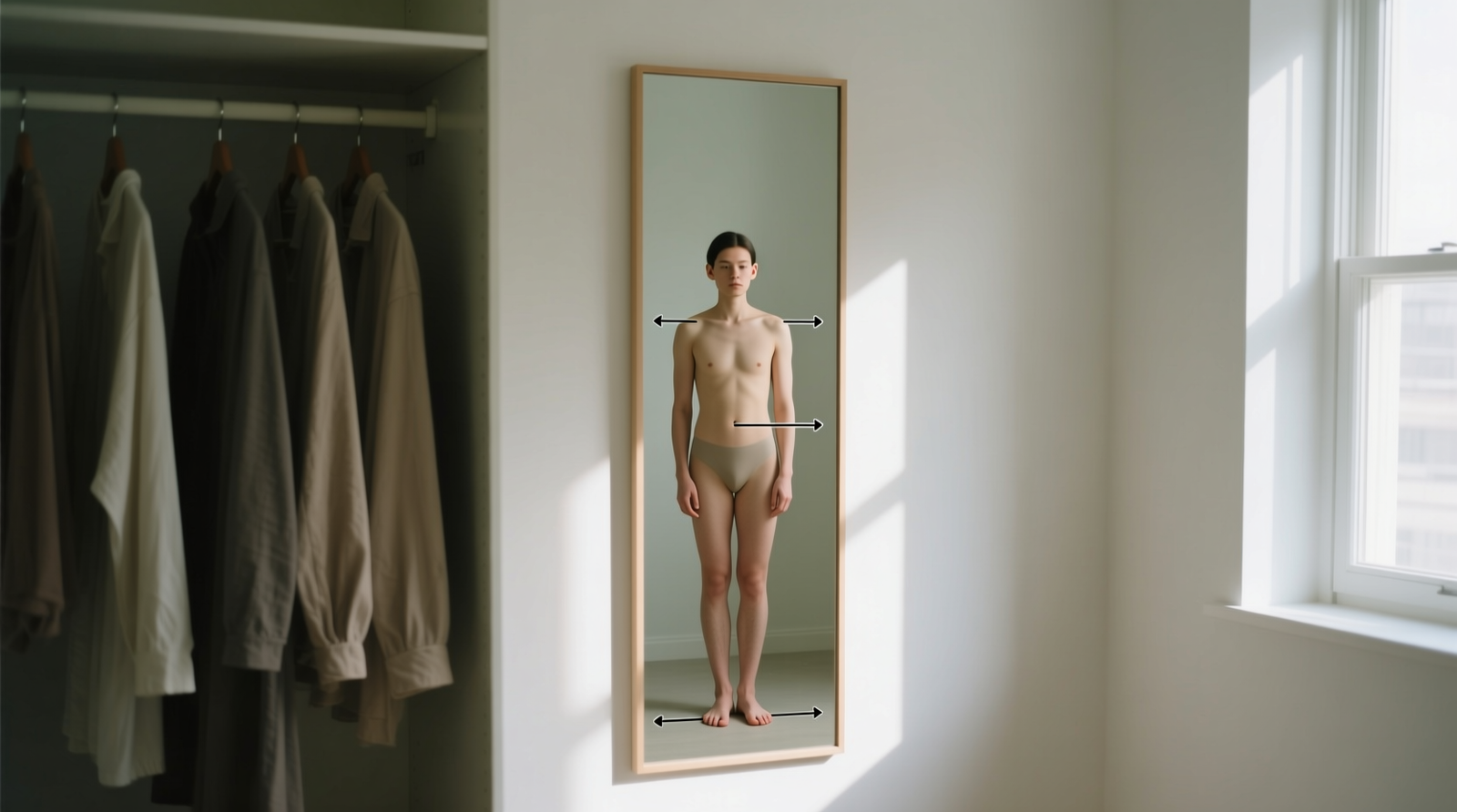 A minimalist, frameless full-length mirror mounted vertically on a closet wall beside hanging clothes, with a person standing barefoot at marked stance points, checking shoulder symmetry and ear-to-shoulder alignment in natural daylight