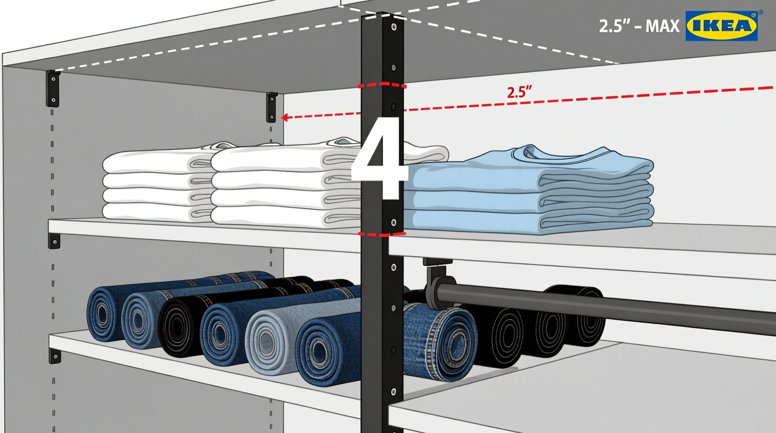 Side-view diagram of a standard closet shelf with a single rigid steel riser supporting neatly folded cotton t-shirts on top and rolled denim below, showing clear 4-inch headroom and labeled 2.5-inch height limit for upper layer