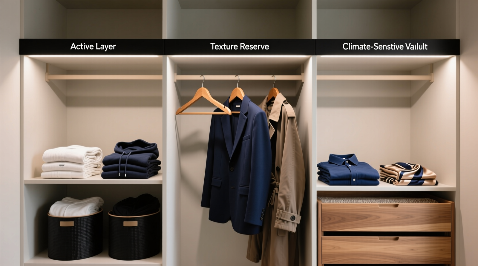 A minimalist closet showing three clearly labeled vertical zones: Active Layer (wooden hangers with navy blazers and chore coats), Texture Reserve (rolled tees and folded hoodies in matte black bins), and Climate-Sensitive Vault (silica-gel-lined cedar drawer with folded indigo overshirts and silk scarves)