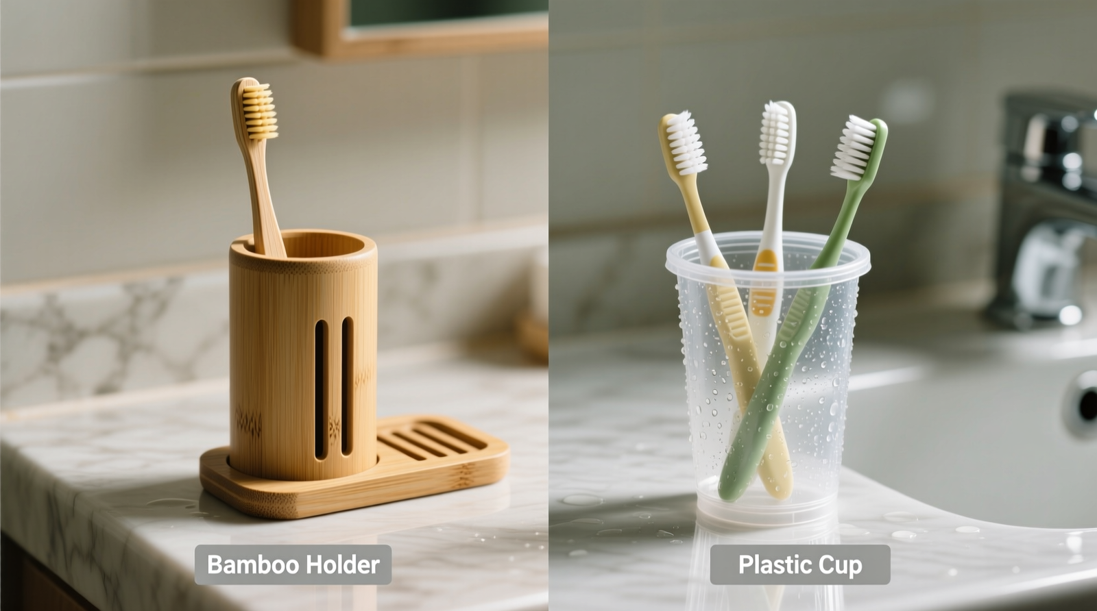 Side-by-side comparison: bamboo toothbrush holder with slotted base and airflow gaps versus sealed plastic cup holding three wet toothbrushes, both photographed under identical bathroom lighting and humidity