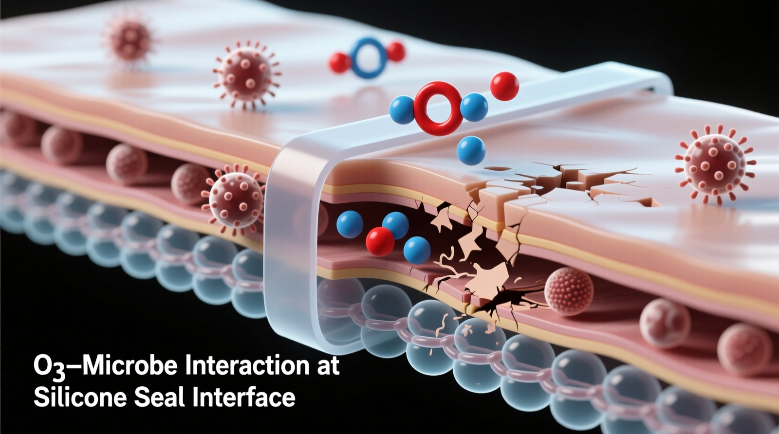 Cross-sectional diagram showing ozone gas molecules interacting with microbial cells on the smooth surface of a silicone pouch seal, while the underlying polymer matrix remains intact and undisturbed