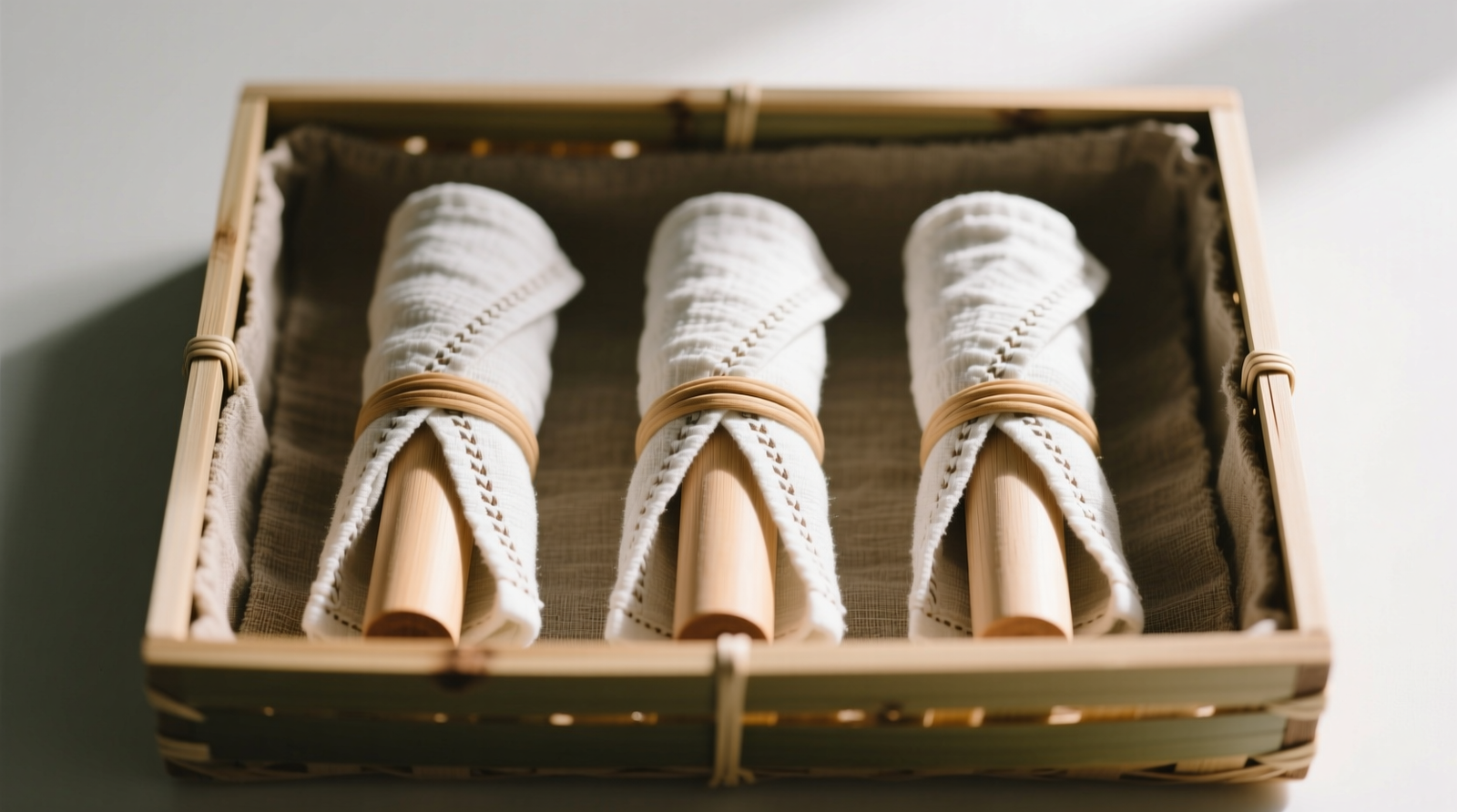 Three tenugui towels rolled lengthwise on smooth wooden dowels, arranged vertically in a shallow, fabric-lined bamboo bin; selvage edges clearly visible on outer wraps, no overlapping or compression
