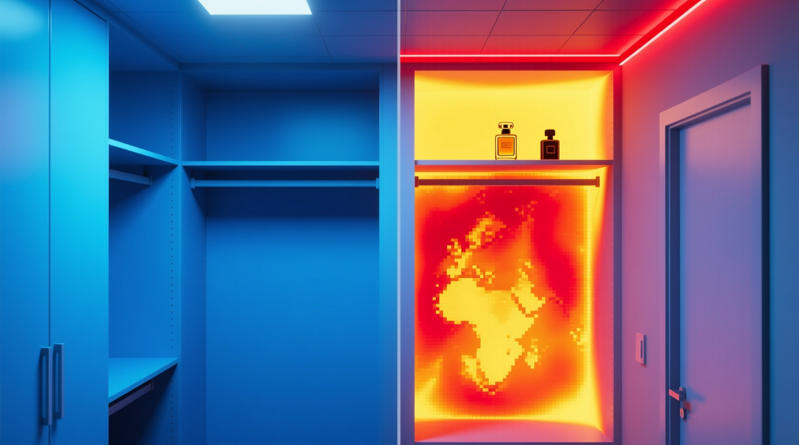 Side-by-side thermal imaging of two identical closets: left shows uniform blue (cool) gradient; right shows hot red band along ceiling and exterior wall, with warm yellow zone where perfume shelf sits