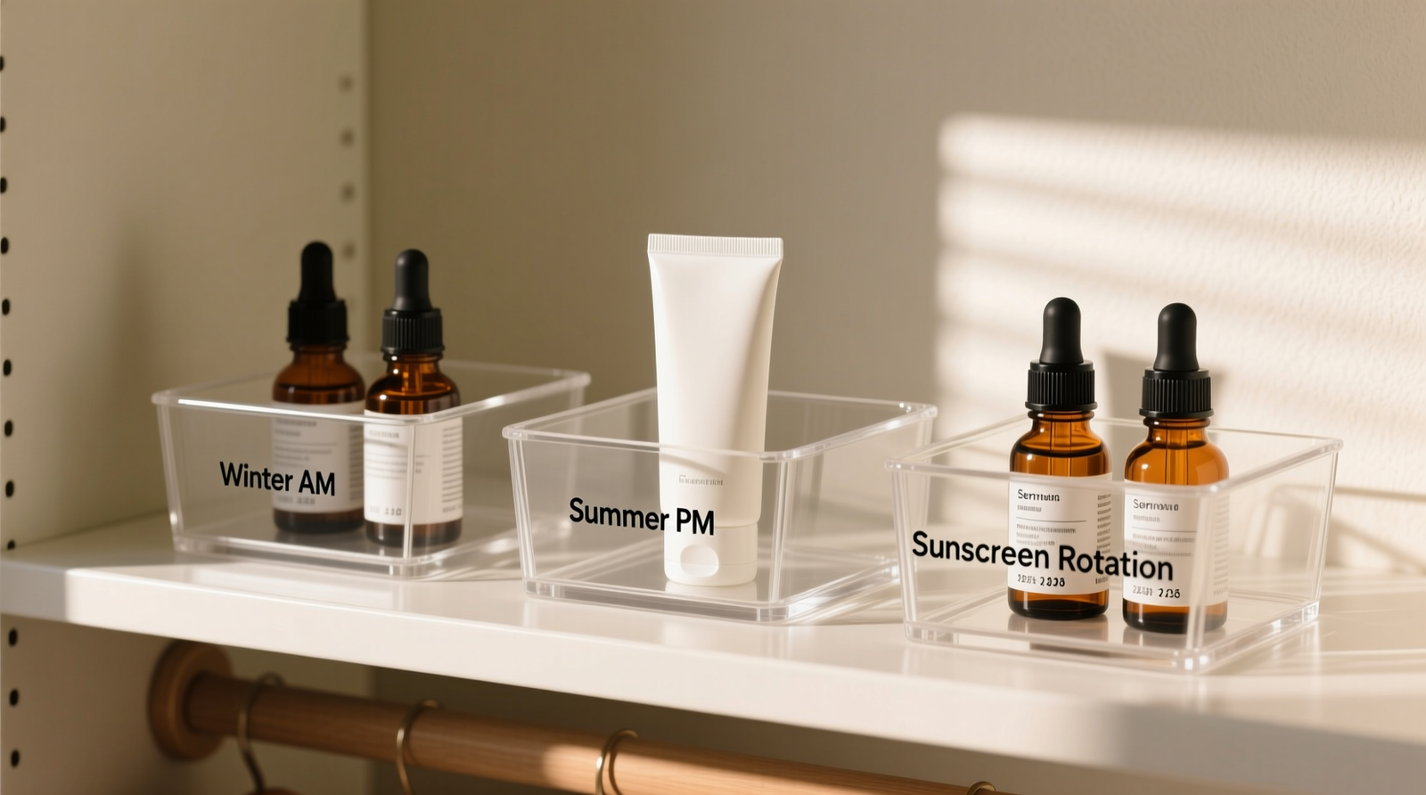 A minimalist, well-lit closet shelf with three labeled acrylic bins: 'Winter AM,' 'Summer PM,' and 'Sunscreen Rotation.' Each bin holds 2–3 serums in amber glass dropper bottles and one broad-spectrum sunscreen in a matte white tube, all arranged by height and expiration date facing forward.