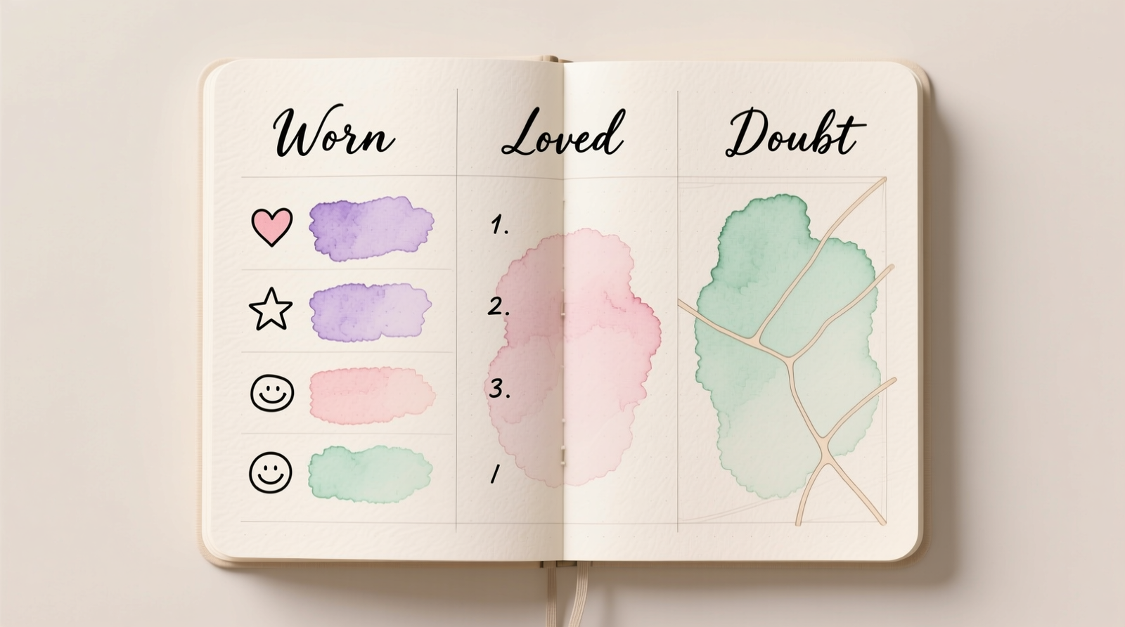 A clean, open bullet journal page showing a three-column wardrobe tracker: 'Worn', 'Loved', 'Doubt' — with hand-drawn icons, light watercolor accents, and five neatly listed items in the 'Loved' column