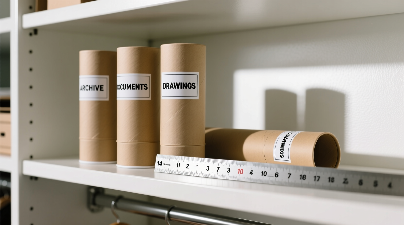 Three archival kraft poster tubes standing upright on a standard white closet shelf, each labeled with clean black typography; a fourth tube lies horizontally beside them to demonstrate depth comparison against a 14-inch shelf ruler