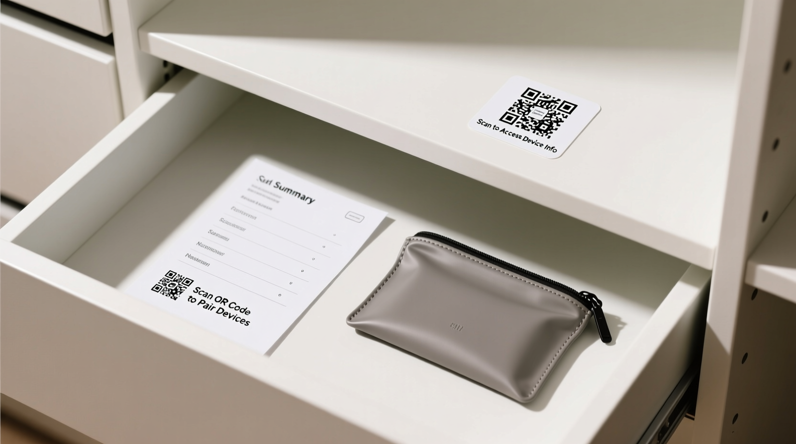 A minimalist closet drawer with a small, neatly labeled adhesive QR code in the upper right corner; beside it, a slim waterproof pouch holds only a single printed summary sheet listing device names and QR scan instructions.