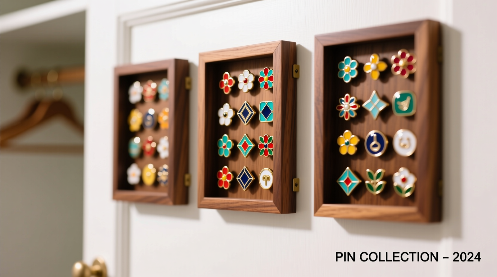 Close-up of a white-painted closet interior showing three evenly spaced, walnut-finish magnetized shadow boxes mounted vertically on the door; each contains 8–12 colorful enamel pins arranged in staggered rows, all perfectly aligned and glare-free