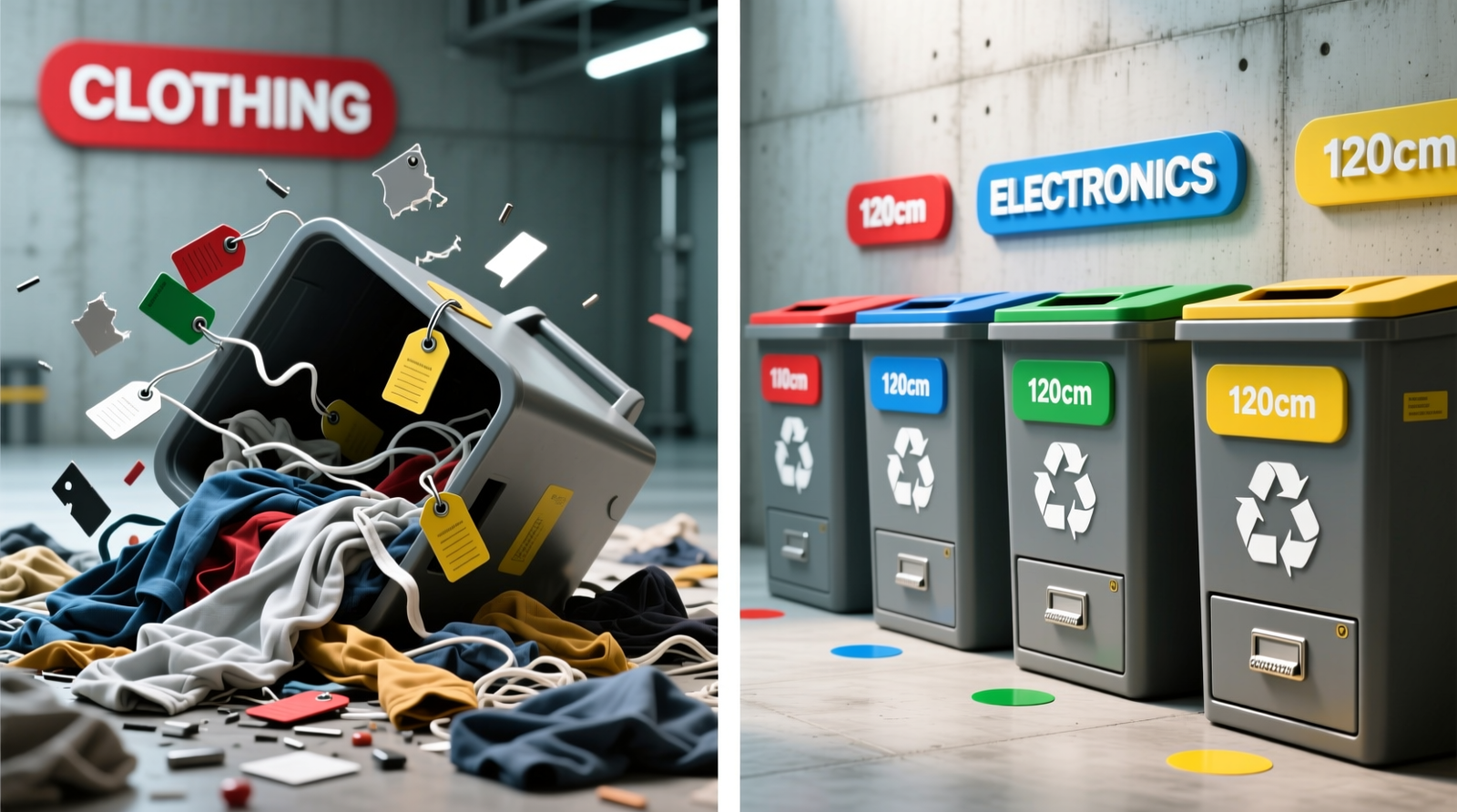 Side-by-side photo: left shows magnetic tags fallen off tilted bins with scattered clothes; right shows color-coded, low-profile foam-letter labels mounted at consistent height on stationary bins, each aligned with matching floor dots and textured drawer pulls