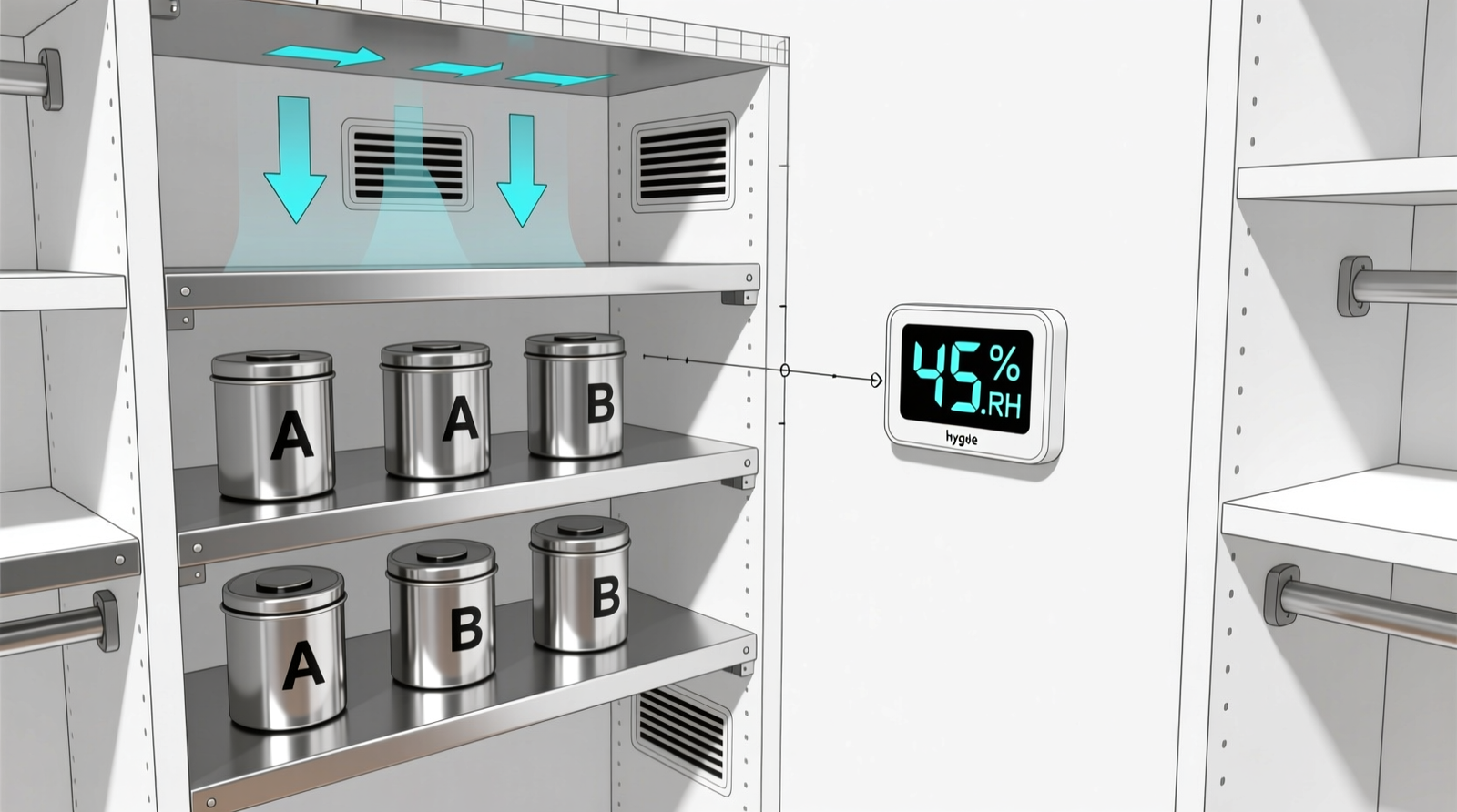 A minimalist walk-in closet with a labeled glass canister on a matte-black shelf, a stainless steel scoop mounted vertically on the interior door panel via magnetic strip, and a removable silicone mat lining the shelf surface