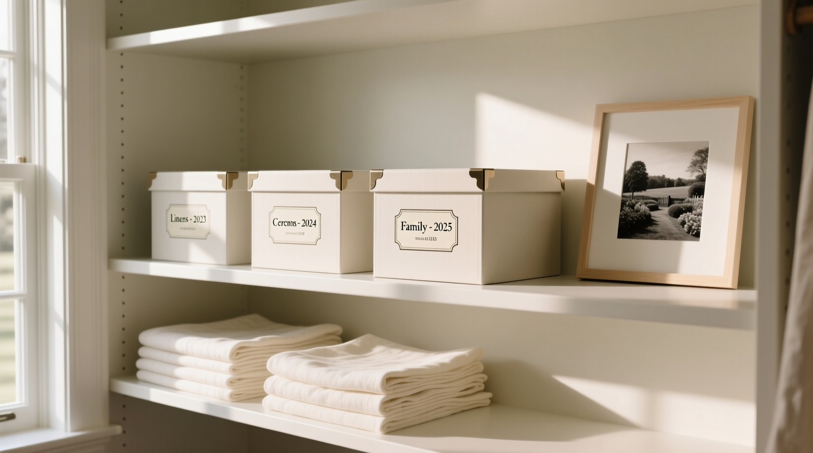 A minimalist closet shelf with three identical, labeled archival boxes arranged evenly beside folded linen napkins and a single framed photo—no visible dust, no overlapping edges, soft natural light