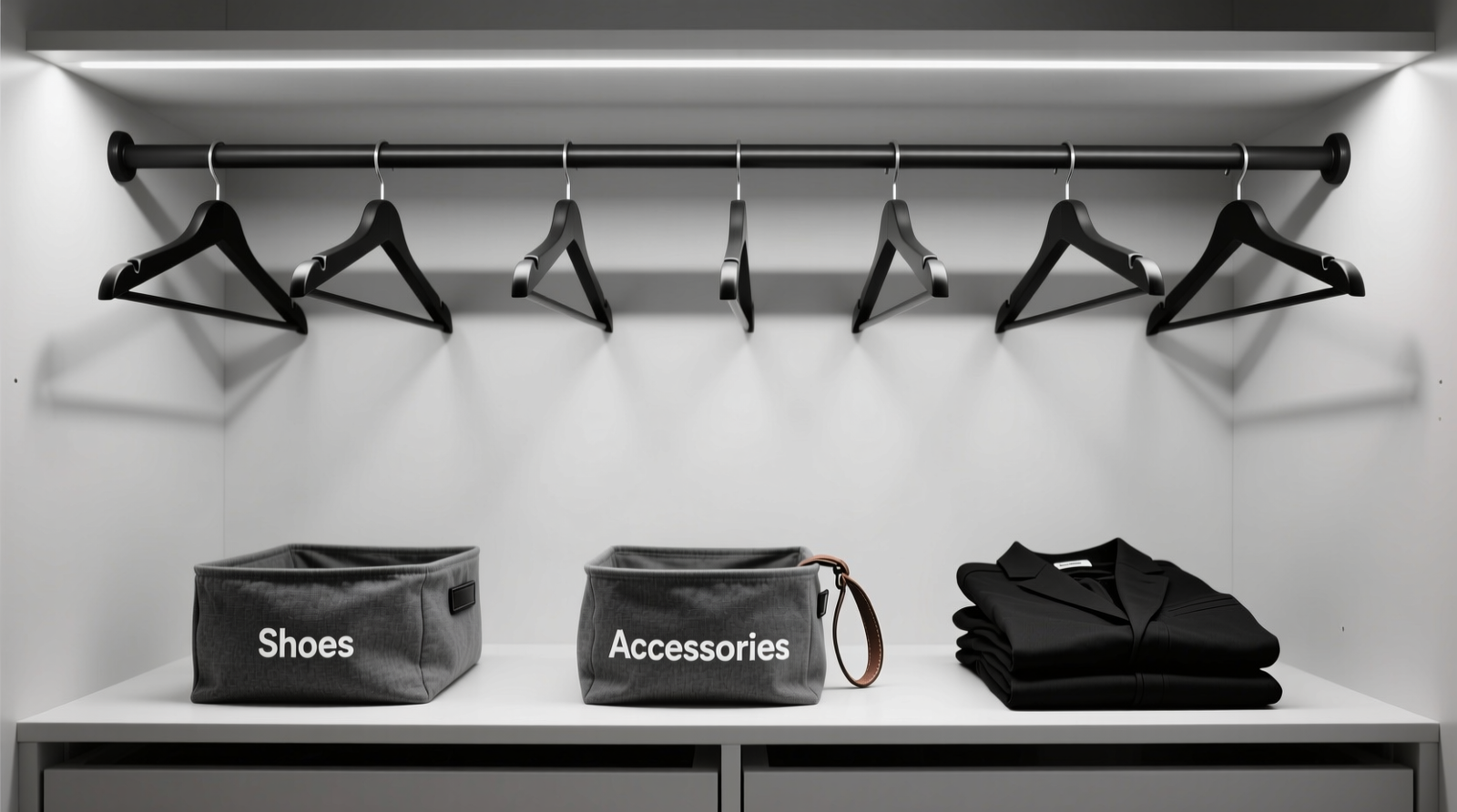 A minimalist closet with labeled, evenly spaced hangers; a small ceramic diffuser on a floating shelf beside a smooth river stone placed atop a woven basket; soft natural light filtering through a nearby window