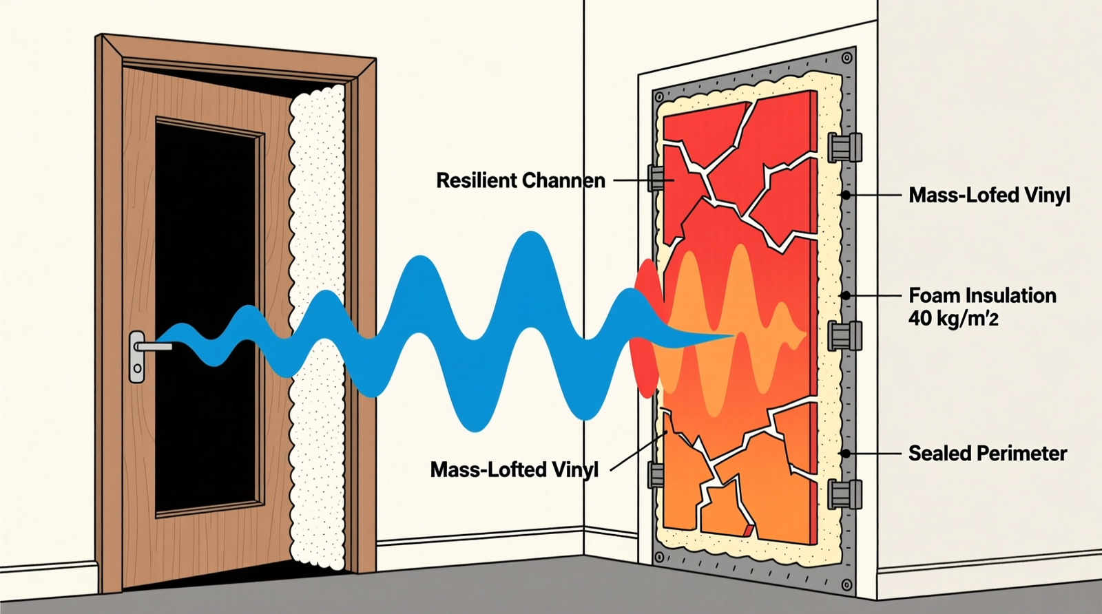 Side-by-side cross-section diagram showing acoustic foam tiles mounted loosely on drywall (left) versus mass-loaded vinyl panel fully sealed at edges, decoupled from framing with resilient channel, and covered by gypsum board (right)