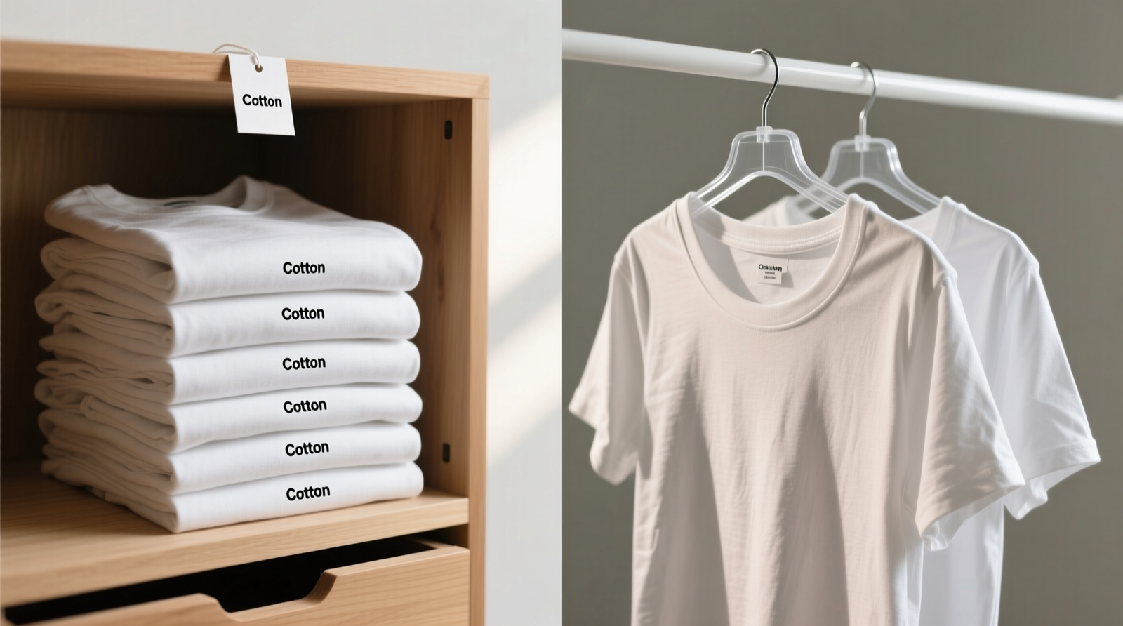 Side-by-side comparison: left shows neatly folded cotton tees standing vertically in a shallow drawer with visible labels; right shows identical tees hung on thin plastic hangers, with visible stretching at shoulders and uneven neckline alignment