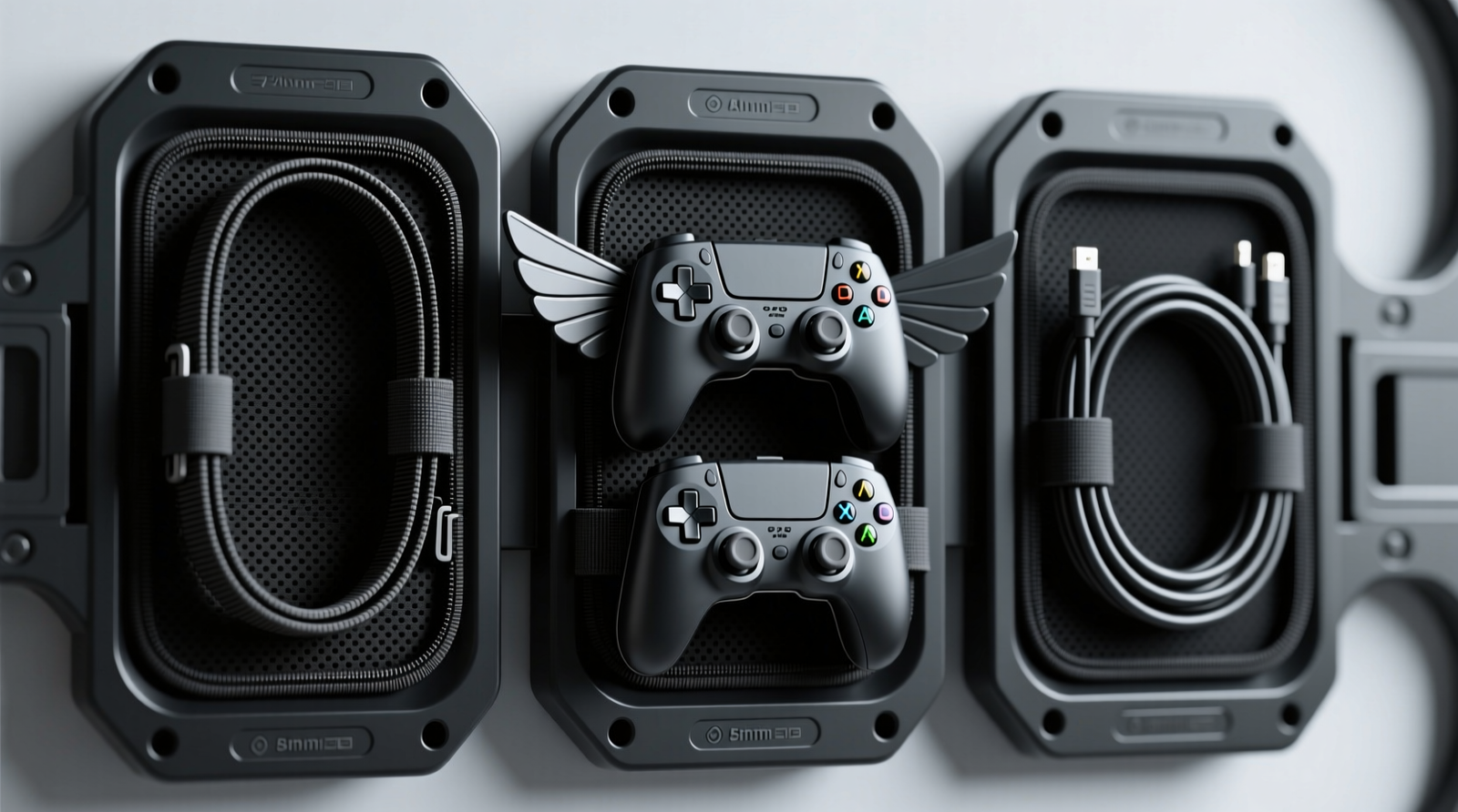 Close-up of a white-painted closet interior with a compact, matte-black pegboard mounted at eye level: three VR straps hang vertically on wide S-hooks, each labeled with laser-printed icons (Quest 3, PSVR2, Pico 4); below, three textured silicone cradles hold matching controllers, aligned precisely left-to-right; a slim LED strip casts soft downward light onto the zone.