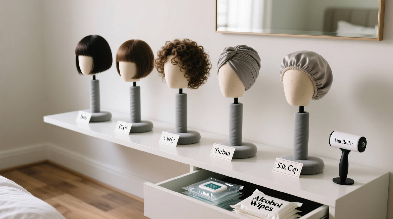 A well-lit, minimalist closet section showing five padded wig stands arranged vertically on a shallow shelf, each holding a different style wig (bob, pixie, curly, turban, silk-lined cap), with labeled tags and a small open drawer below containing alcohol wipes and a lint roller.