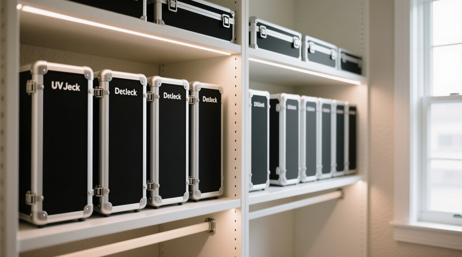 A well-lit closet interior showing vertically oriented UV-blocking deck cases on adjustable white shelves, each labeled with clean, minimalist typography; LED strip lighting casts even illumination without glare on card spines