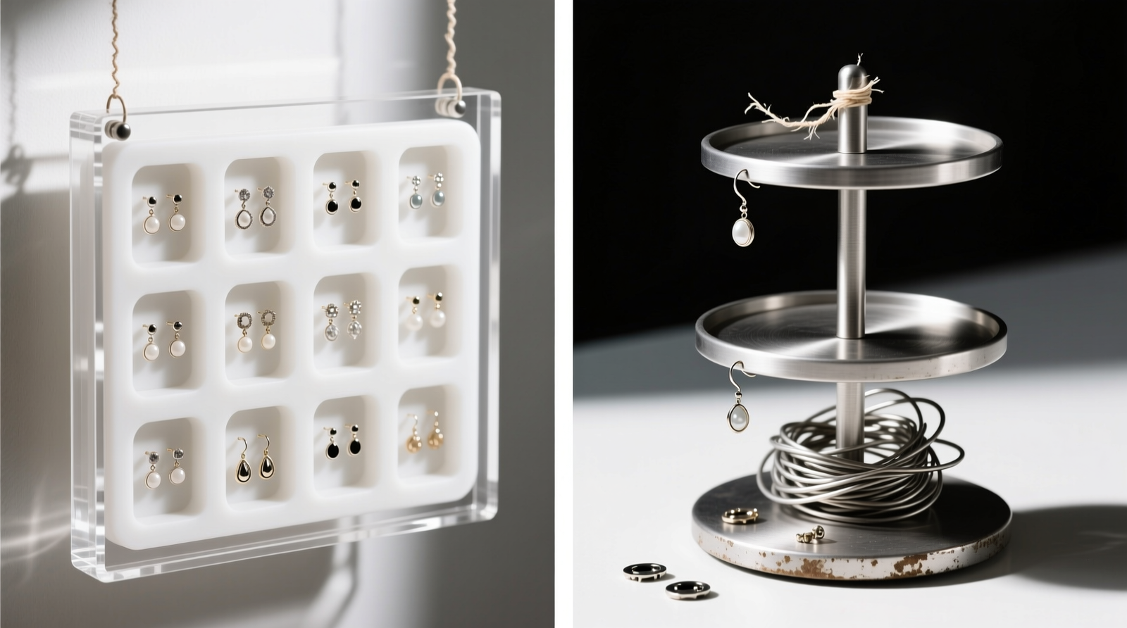 Side-by-side photo: left shows an acrylic hanging jewelry tray with 12 pairs of earrings neatly slotted, backs fully visible and secured in recessed silicone grooves; right shows a 4-tier rotating earring stand with tangled wires, three missing backs visible on the bottom shelf, and one earring dangling precariously from the top tier