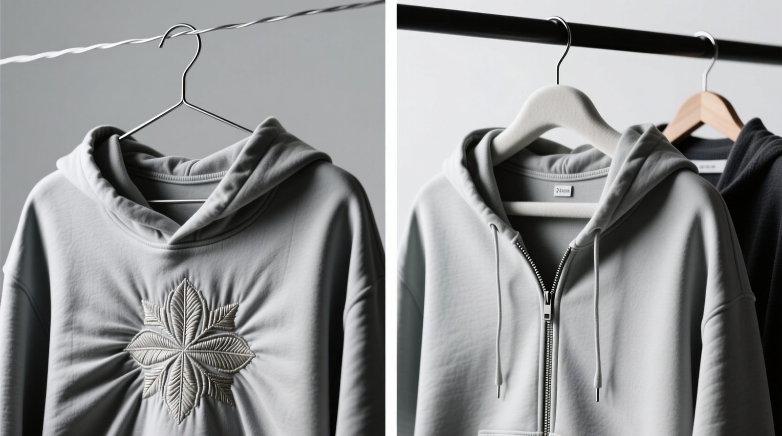 Side-by-side comparison: left shows embroidered hoodie draped on narrow wire hanger with visible shoulder distortion and compressed chest embroidery; right shows same piece on wide, padded hanger with natural drape, open zipper, and 3-inch clearance from adjacent garment
