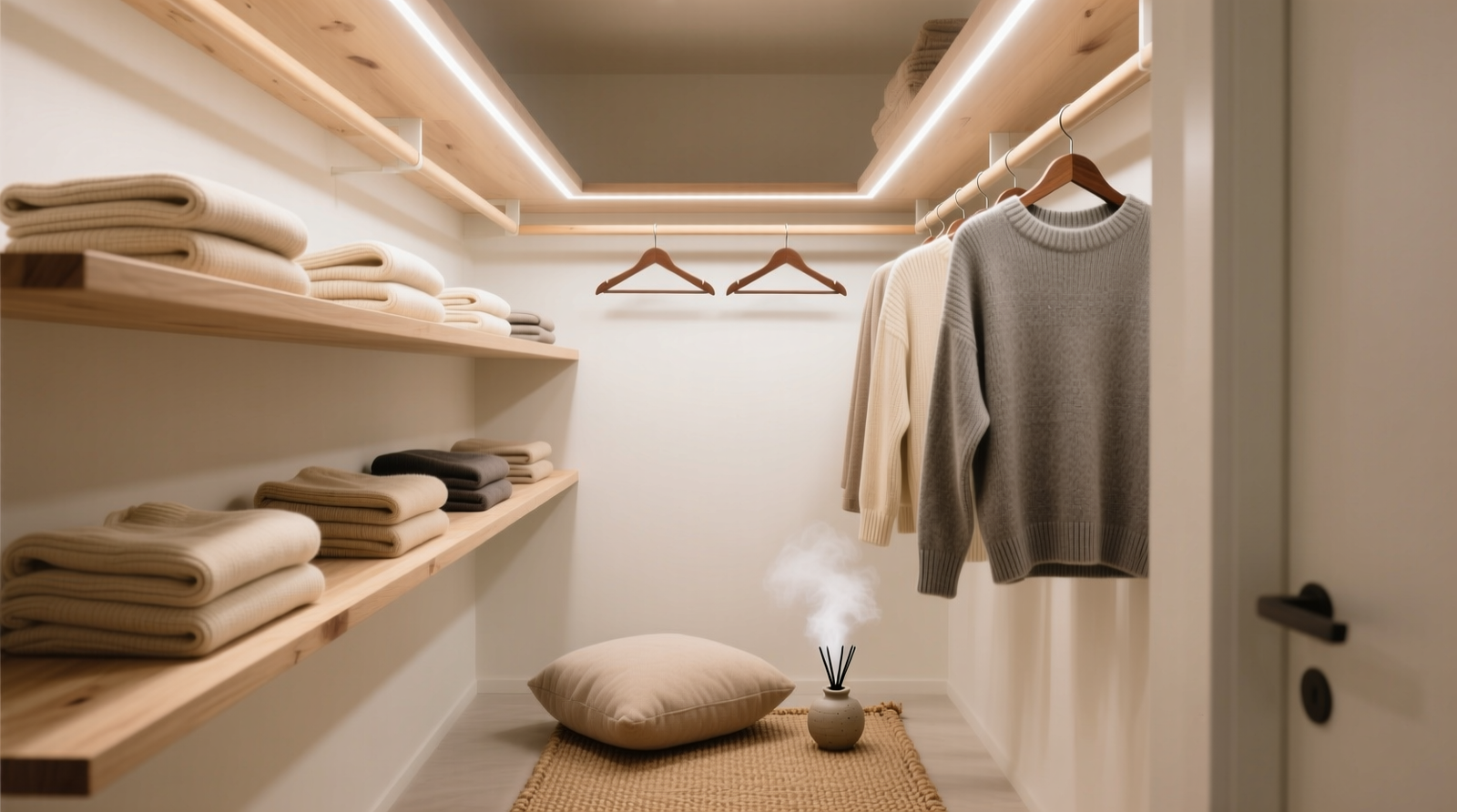 A narrow walk-in closet transformed: light wood shelves hold folded sweaters in neutral tones; a low cushion rests on a woven jute mat beside a small ceramic oil diffuser; all hangers are identical walnut, garments spaced evenly; soft LED strip lighting glows along the top shelf edge.