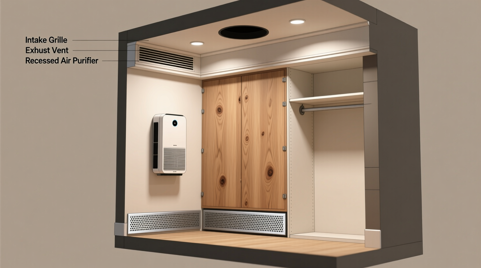 Cross-section diagram showing a walk-in closet with a wall-mounted air purifier recessed behind a removable oak panel, intake grille at baseboard level, and exhaust vent aligned with ceiling crown molding—no visible wires or ducts.