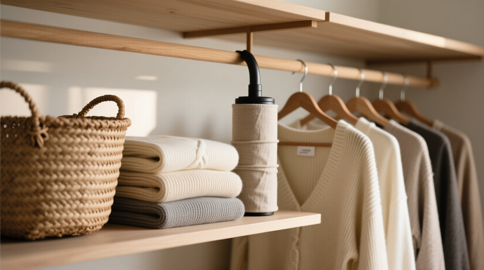 A well-lit walk-in closet showing a top shelf with a natural seagrass basket containing two pet hair rollers and a lint brush, next to a matte-black wall-mounted holder with a third roller in use; neutral tones, clean lines, no visible clutter