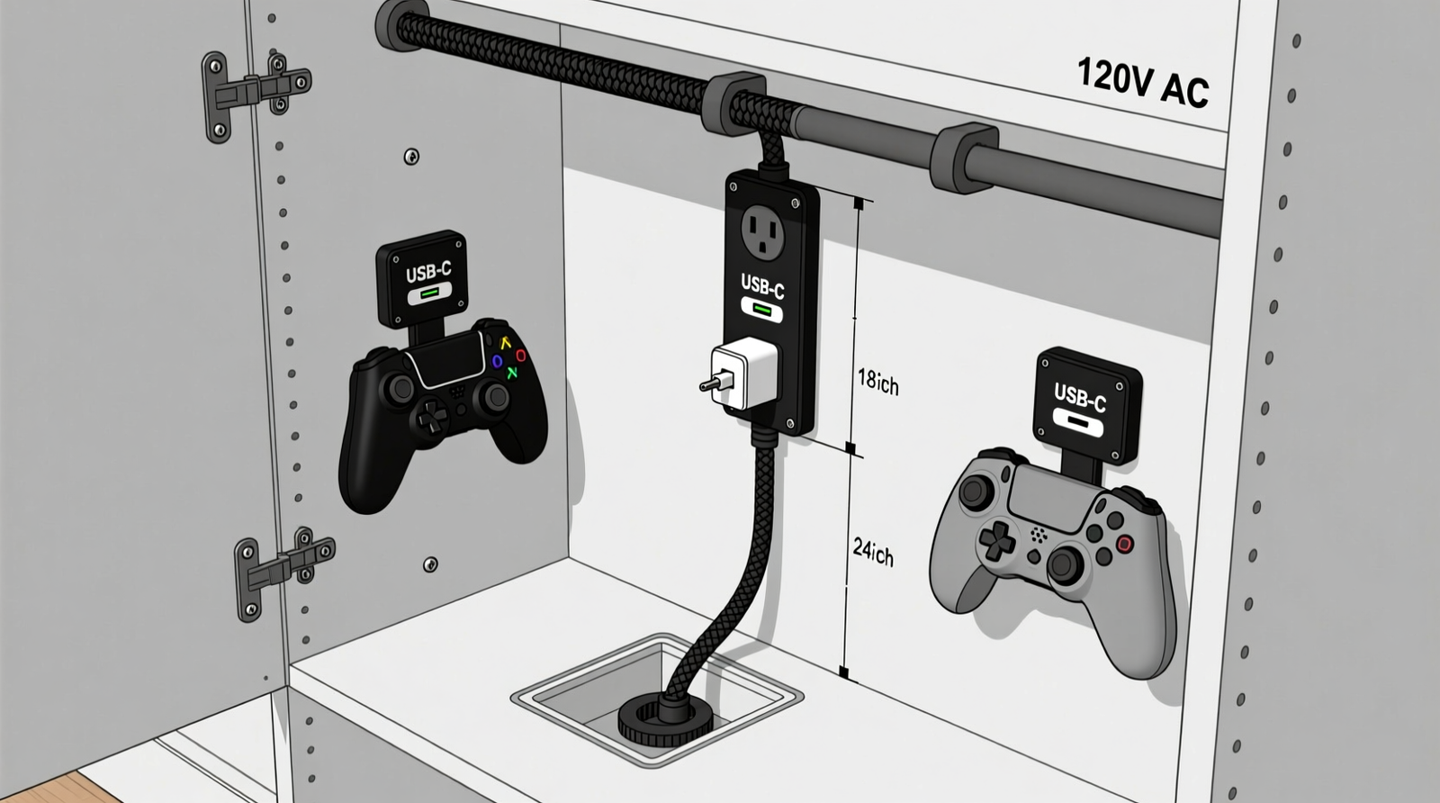 A clean, well-lit closet showing a vertical pegboard with color-coded hooks for controllers and headsets, labeled drawer dividers for cables, and wall-mounted spring reels with clearly marked ports (HDMI, USB-C, AUX)