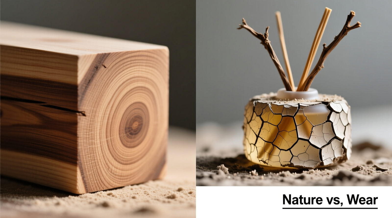 Side-by-side comparison: unfinished cedar block with visible wood grain and light sanding marks next to a dried-out gel diffuser with cracked surface and empty reed sticks
