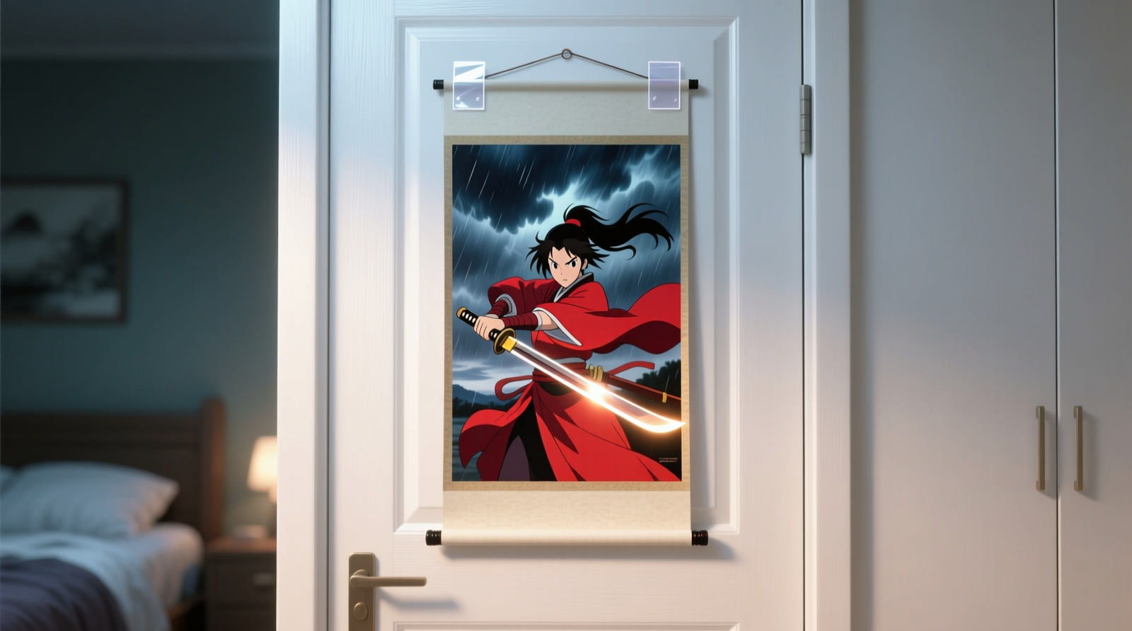 Close-up of a smooth white closet door with a vibrant anime wall scroll mounted cleanly using two transparent adhesive strips; no nails, no frame, no visible hardware—scroll hangs taut and centered
