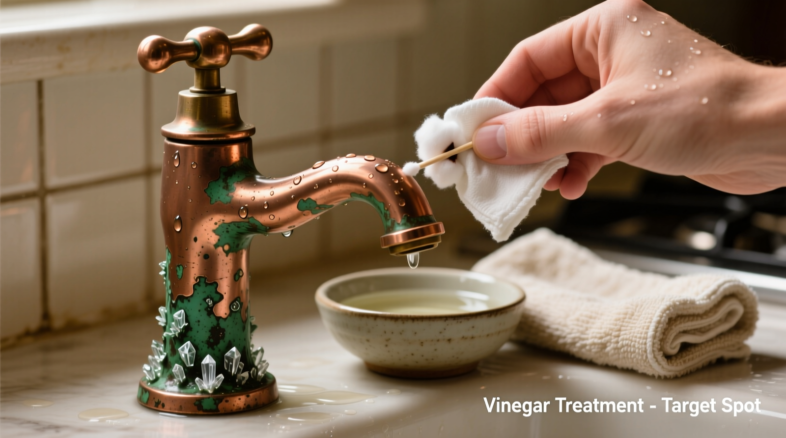 Close-up of a copper kitchen faucet with visible green patina at base, next to a small bowl holding a vinegar-soaked cloth and a dry microfiber towel—demonstrating precise, localized treatment