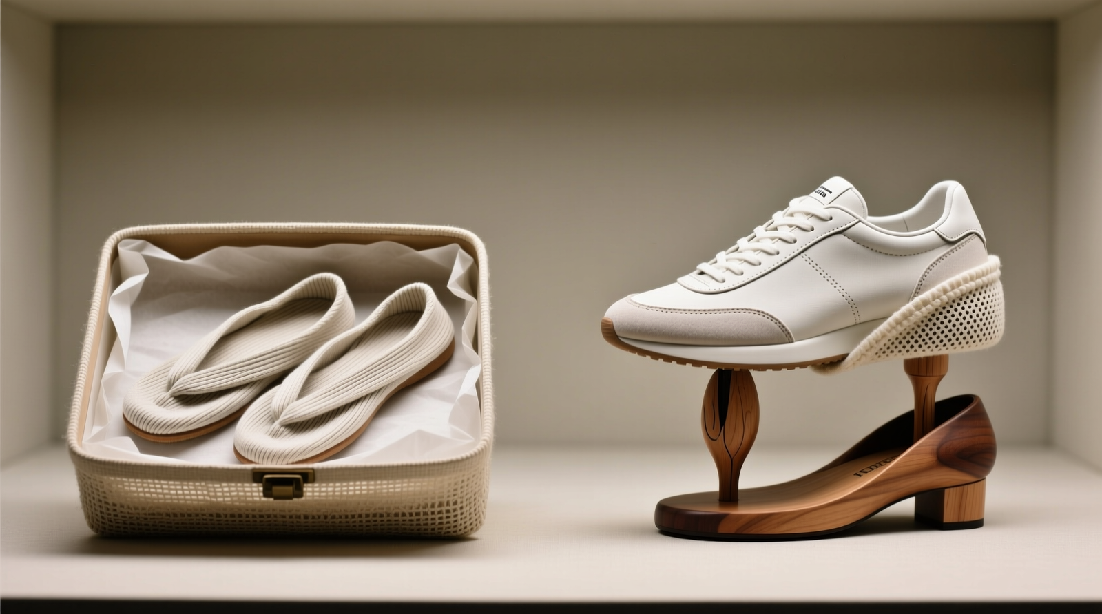 Side-by-side comparison: properly flattened tabi socks resting on acid-free tissue inside open-weave linen box, next to minimalist sneakers mounted on anatomically contoured wooden shoe trees inside ventilated cotton sleeves