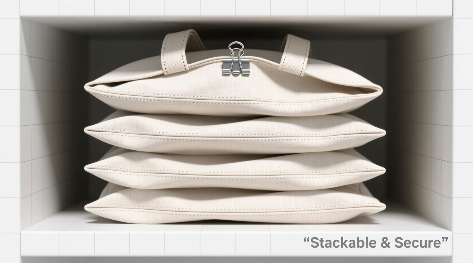 A narrow woven seagrass bin holding six neatly rolled reusable grocery totes standing upright like pencils, placed on a closet shelf beside a small wall-mounted key hook and entryway mirror