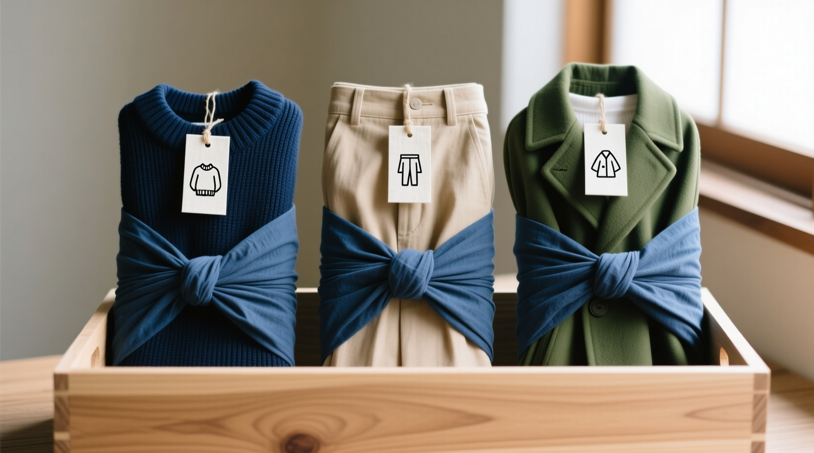 Three identical furoshiki-wrapped bundles—navy sweater, beige trousers, olive coat—standing upright in a light oak open bin, labeled with minimalist linen tags showing icons only: sweater = ⚪, trousers = ▬, coat = ✦