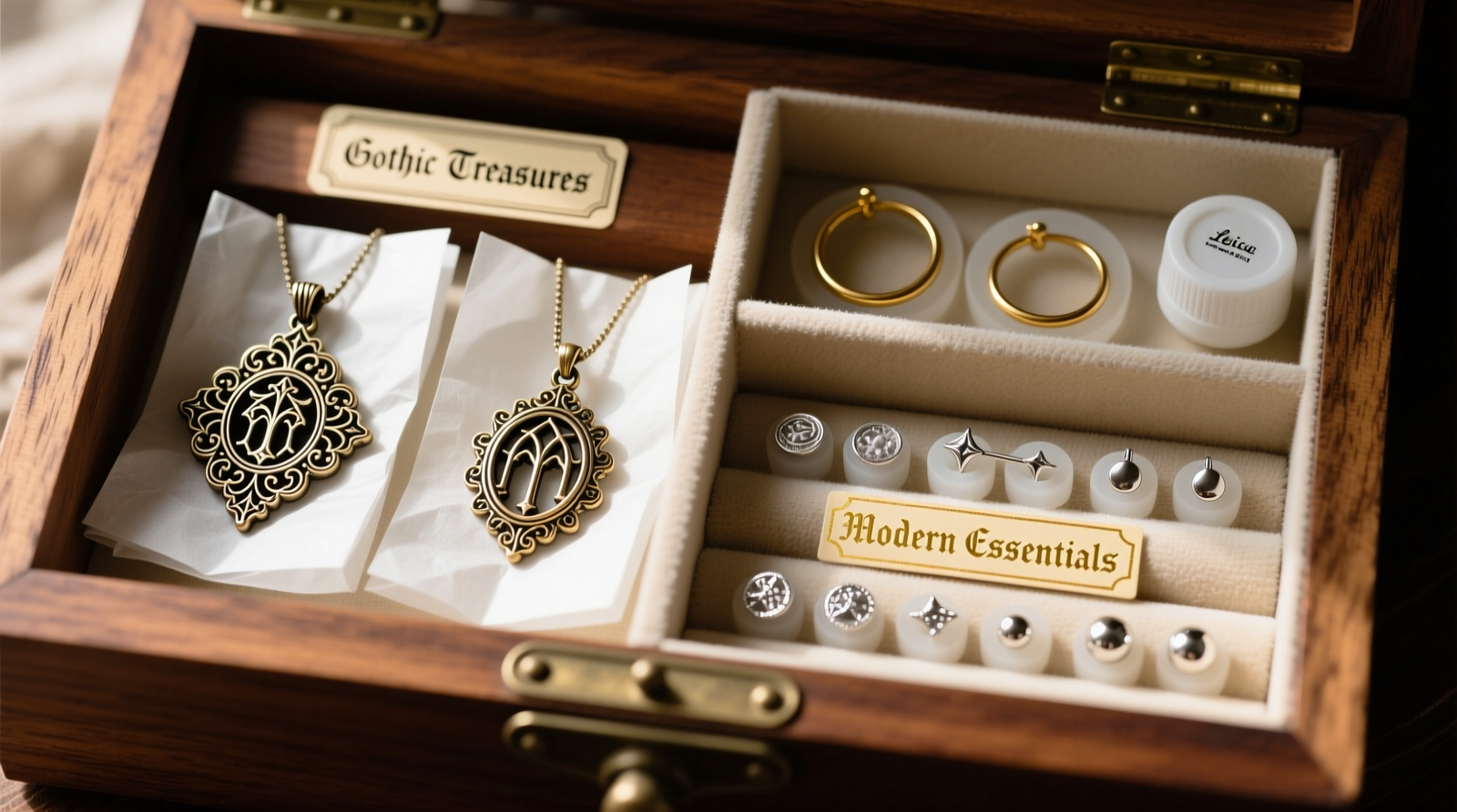 A shallow wooden drawer divided into labeled, padded compartments: left side holds ornate gothic pendants wrapped in white acid-free tissue; right side holds minimalist gold hoops and stud earrings in individual silicone-lined slots; silica gel canisters sit discreetly in corners.