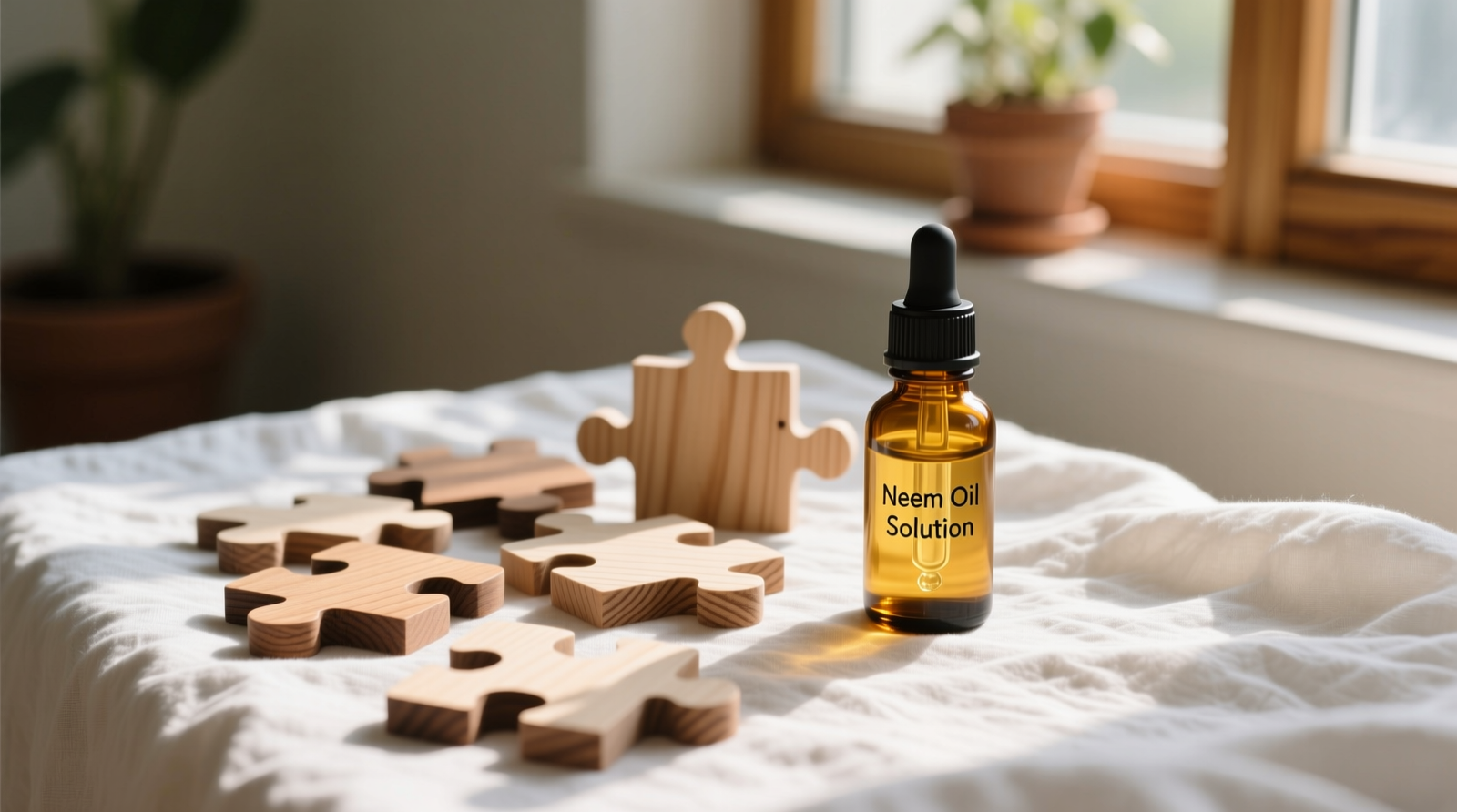 A set of unpainted wooden puzzle pieces arranged on a white linen cloth beside a small amber glass dropper bottle labeled 'Neem Oil Solution' and a shaded south-facing windowsill with soft, diffused daylight