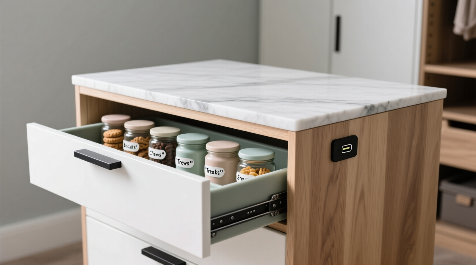 A minimalist white oak closet island with matte black hardware, quartz countertop, and subtle recessed groove revealing a soft-close drawer; inset close-up shows USB-C port flush-mounted at rear edge and a lift-up panel exposing a silicone-lined treat compartment with labeled glass jars