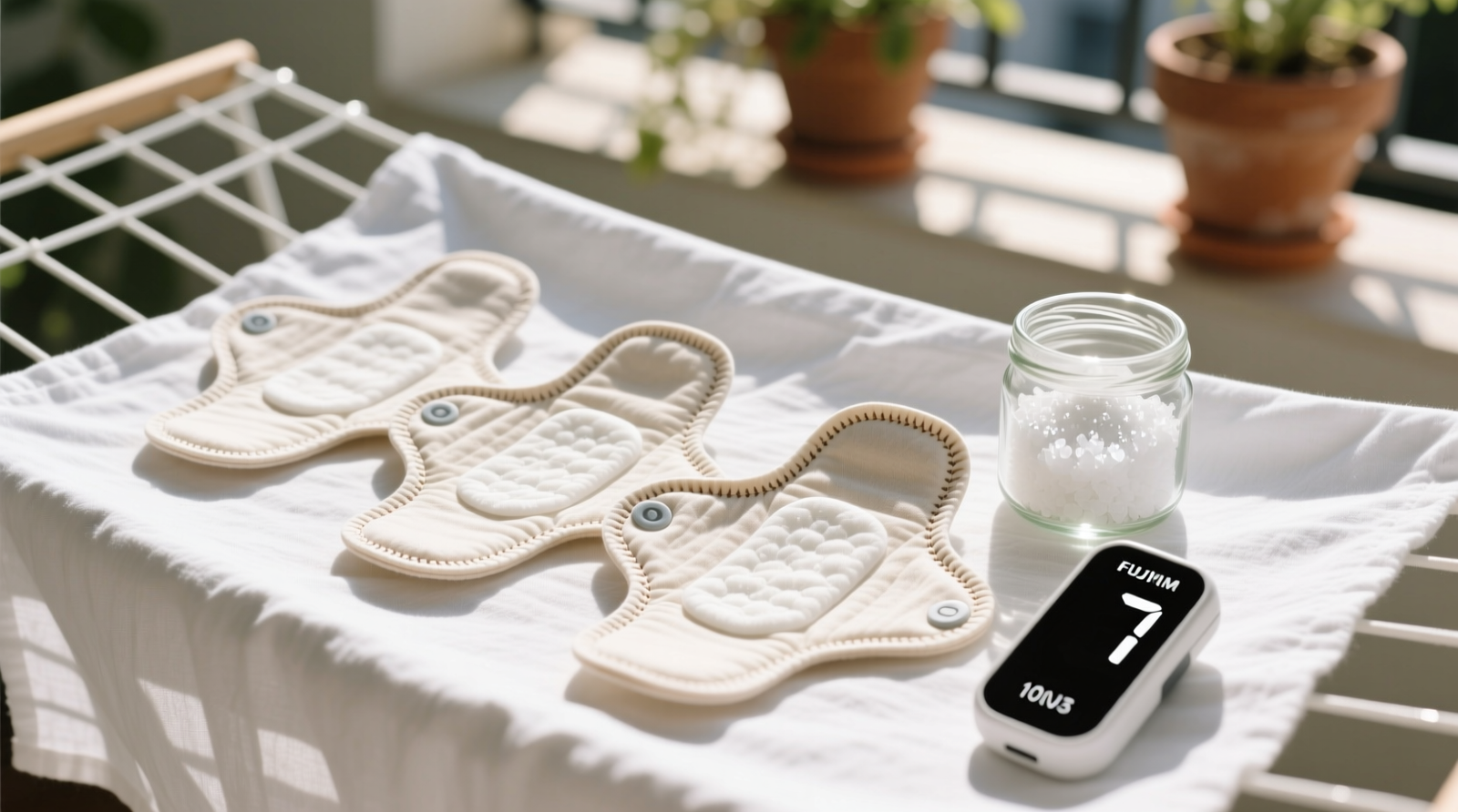 Three reusable period pads laid flat on a white linen drying rack under bright midday sun, with a small glass jar of white sodium percarbonate crystals beside them and a UV index meter reading '7'