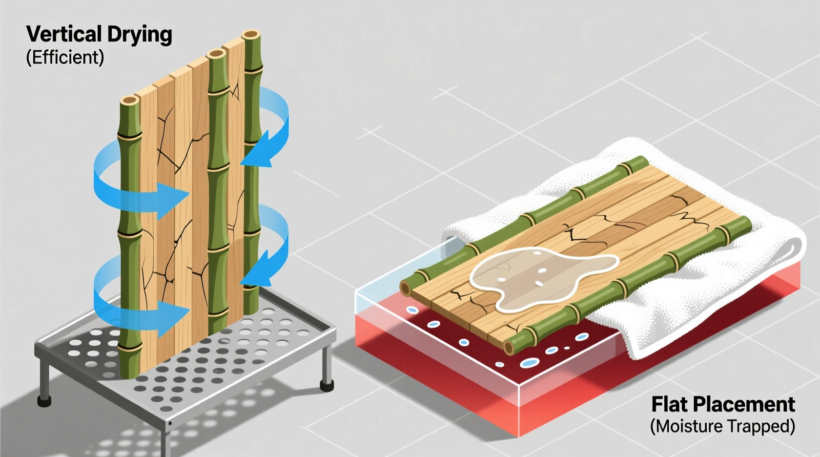 Close-up of a bamboo cutting board with visible grain texture, showing a thin, evenly applied layer of food-grade mineral oil being buffed with a soft cotton cloth—no pooling, no streaks, natural matte finish preserved