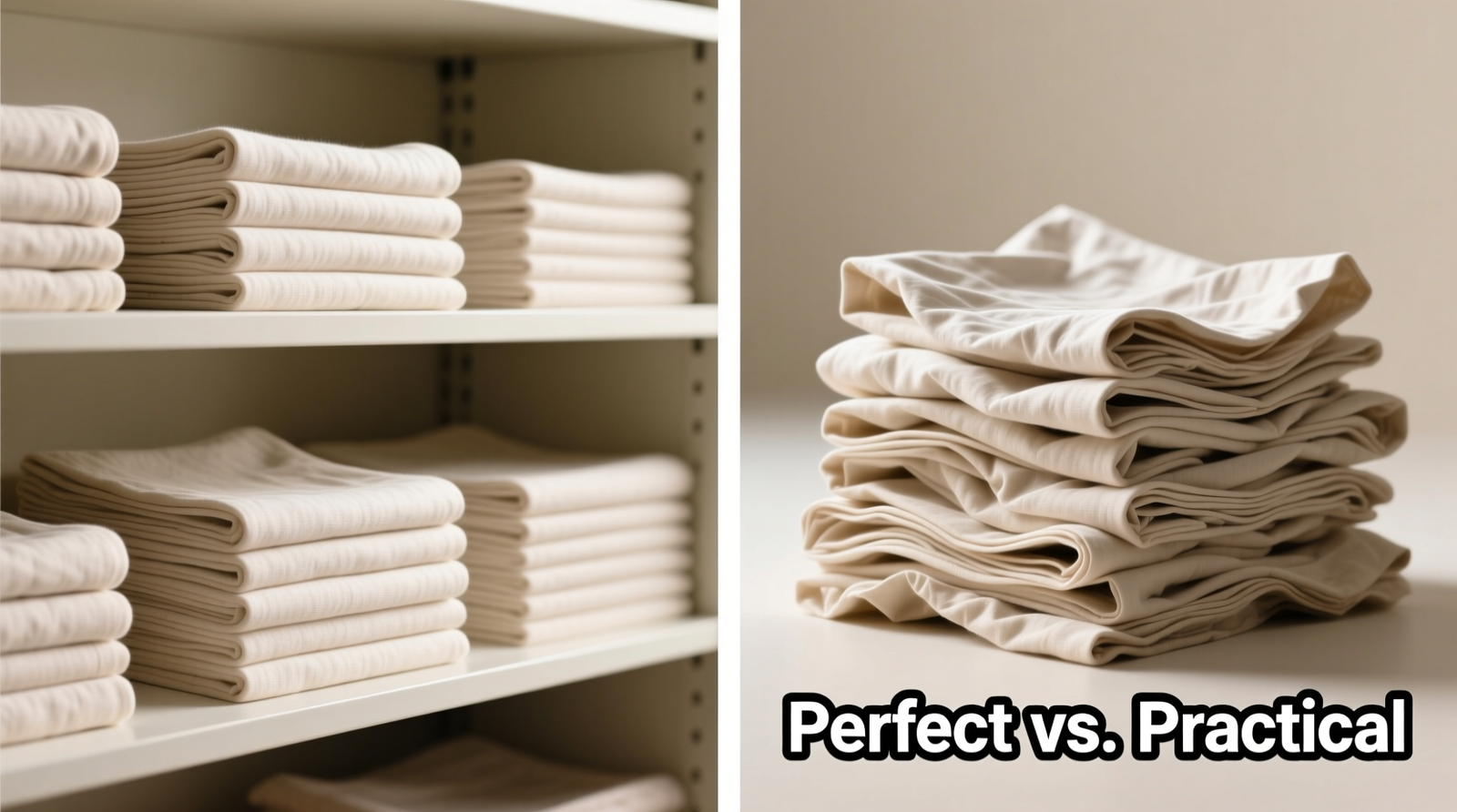 Side-by-side comparison: left shows a neatly stacked linen shelf using identical board-folded sheets; right shows a wobbly, uneven stack from app-guided folding, with visible gaps and slippage