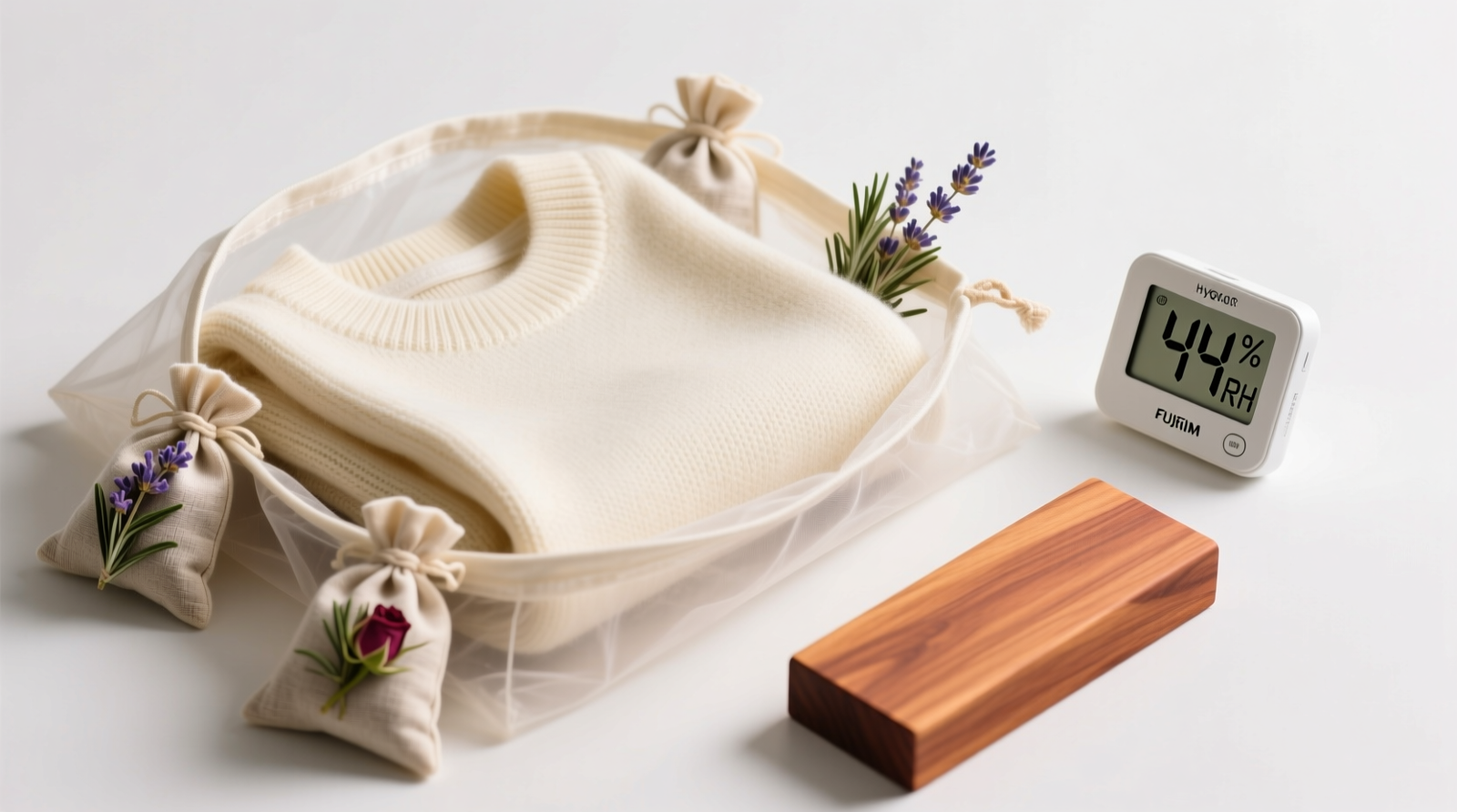 A neatly folded cashmere sweater inside a breathable cotton garment bag, with small sachets of dried lavender and rosemary placed at each corner, beside a smooth Eastern red cedar block and digital hygrometer showing 44% RH