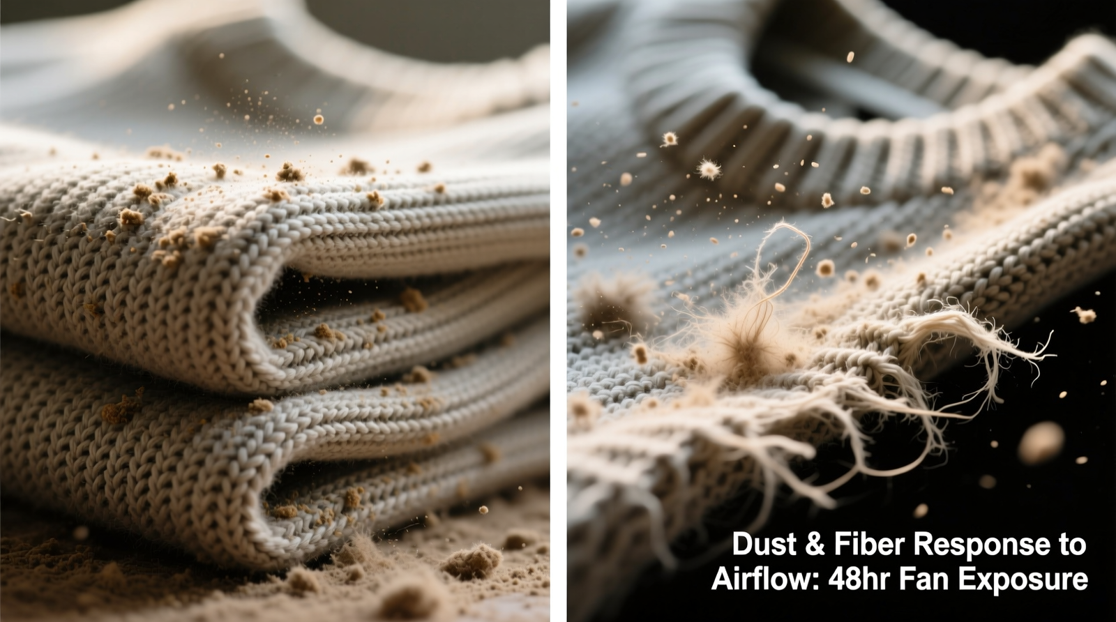 Side-by-side comparison: left shows dust accumulation on folded knitwear under still-air conditions; right shows same garments after 48 hours of unfiltered fan use, with visible lint dispersion and fiber fuzzing on fabric surfaces