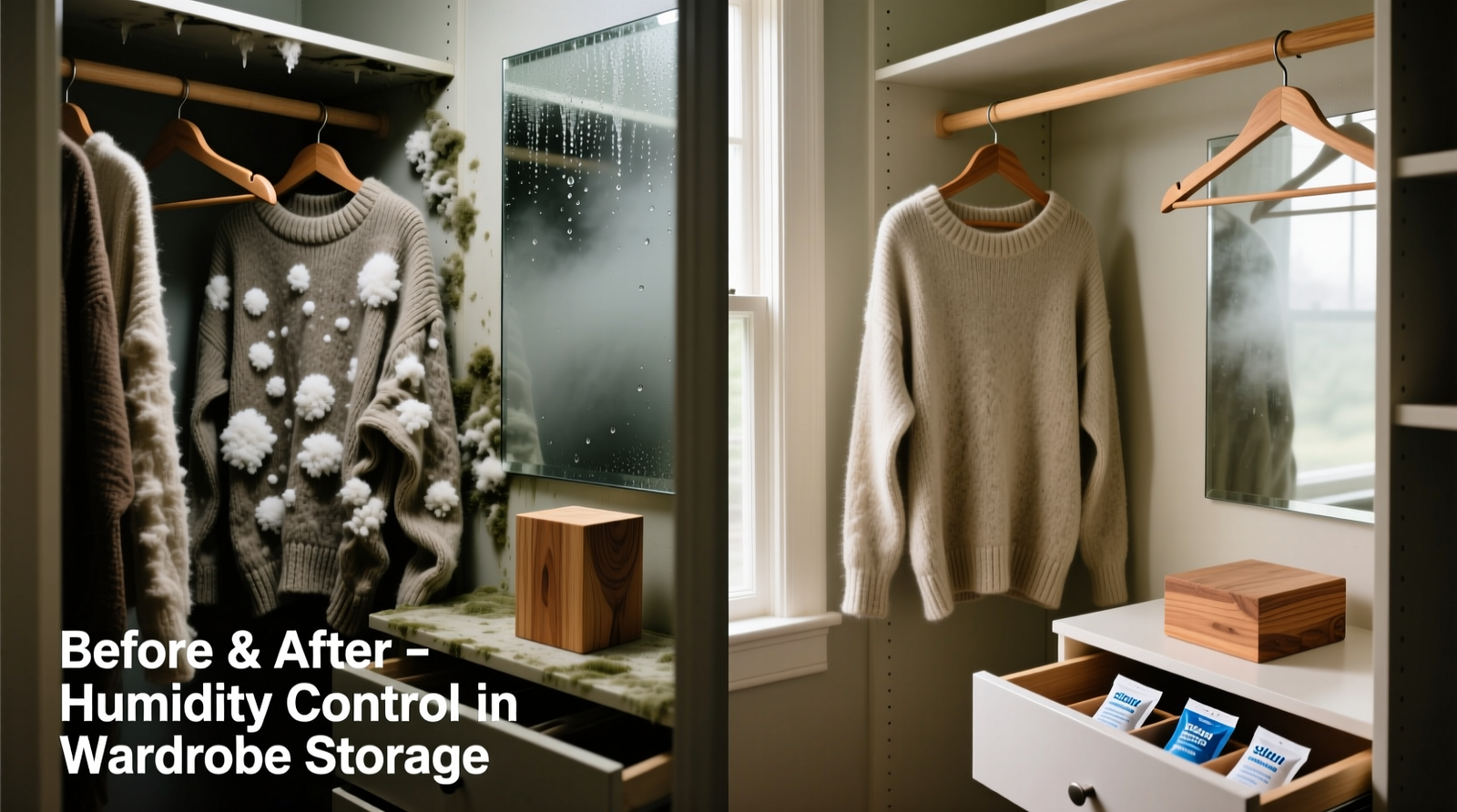 Side-by-side closet interior: left shows damp wool sweater with visible white mold spots and warped cedar block; right shows identical setup after 12 days with dehumidifier, silica gel sachets in drawer corners, and ventilated wooden hangers—fabric crisp, cedar intact, no condensation on mirror backing