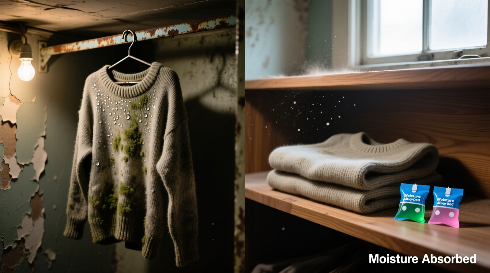 Side-by-side comparison: left side shows a damp, discolored wool sweater draped over a rusted hanger in a dim basement closet; right side shows identical sweater folded neatly on a cedar-lined shelf beside two blue silica gel pods with visible moisture indicator dots