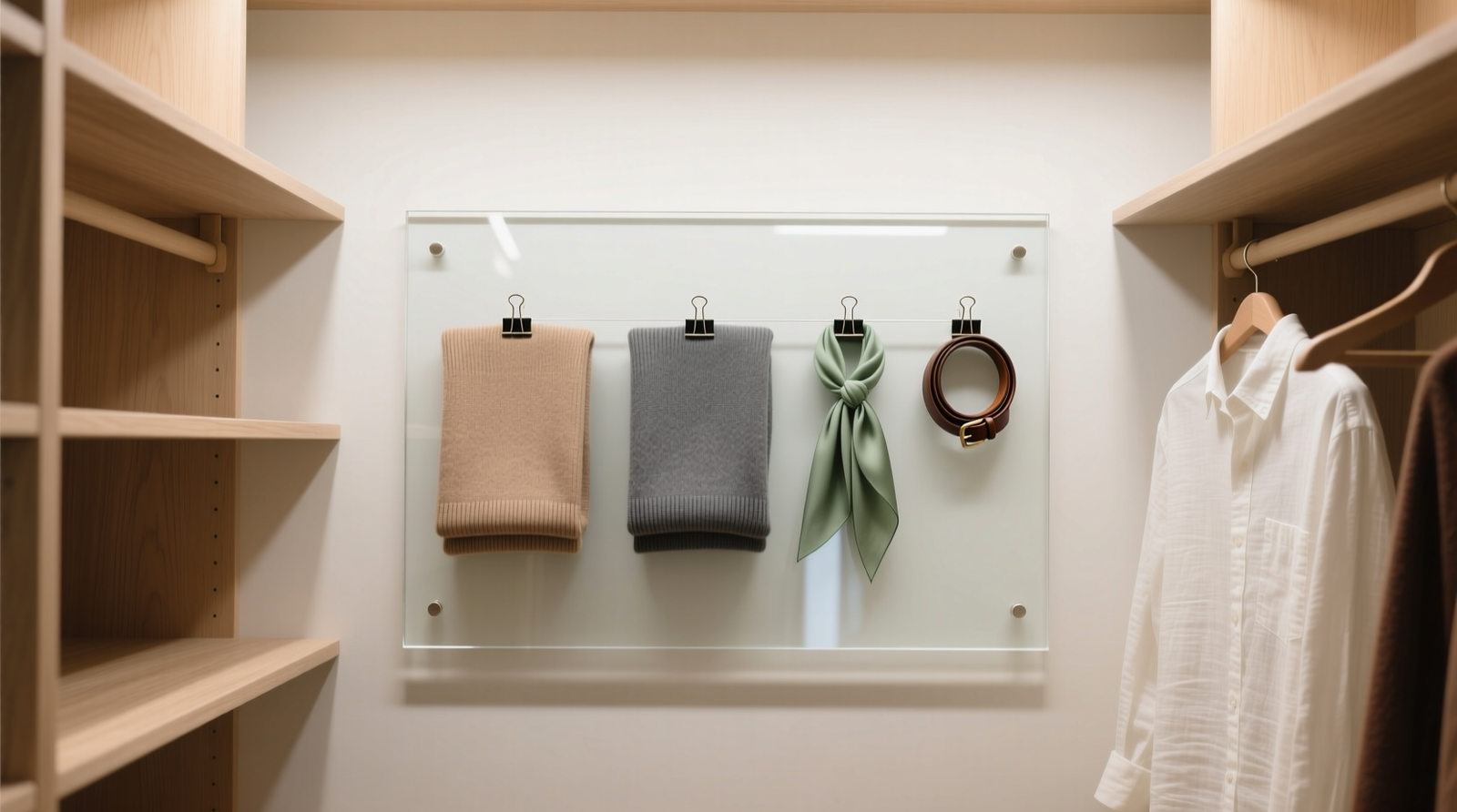 A minimalist closet with a 24-by-36-inch cork mood board mounted at eye level beside hanging clothes; board displays pinned fabric swatches, a small printed color palette, and three Polaroid-style garment photos arranged in a triangle